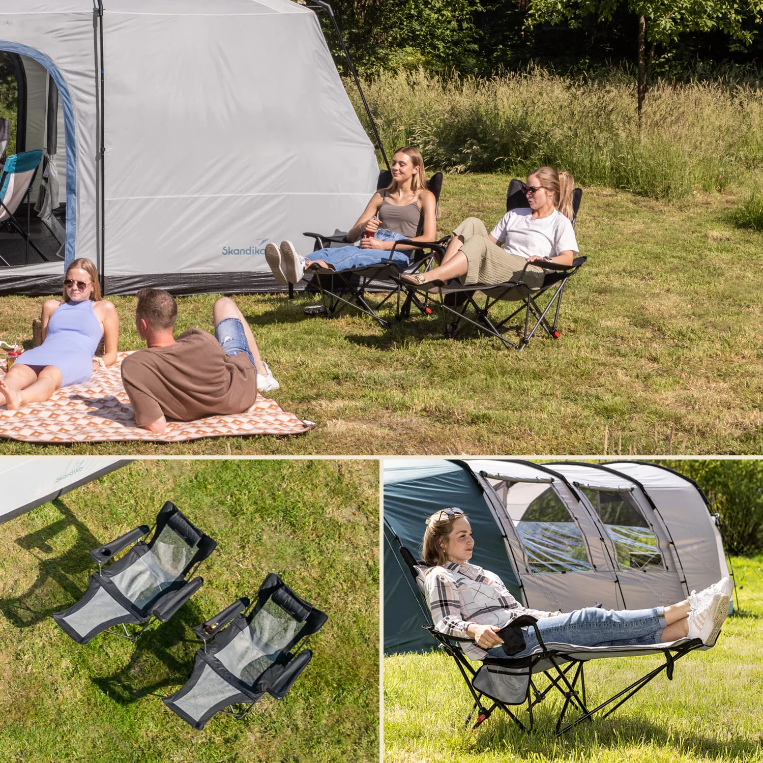 Personen sitzen und liegen auf einer Wiese neben einem Zelt. Ein Picknickteppich und Klappstühle sind sichtbar.