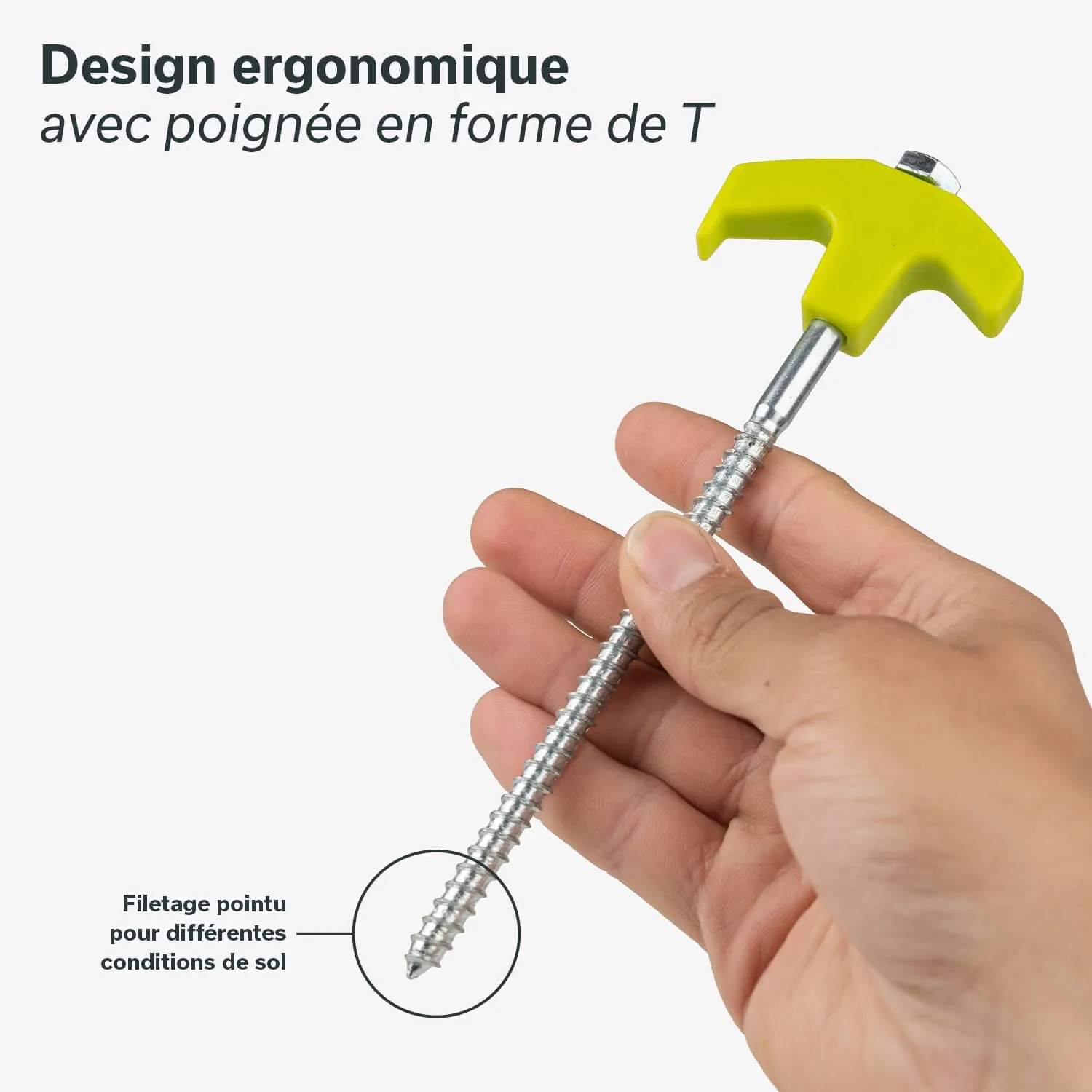T-förmiger, ergonomischer Schraubenschaft in Hand, aus Metall mit Gewinde und spitzer Spitze, zur Nutzung in verschiedenen Böden.