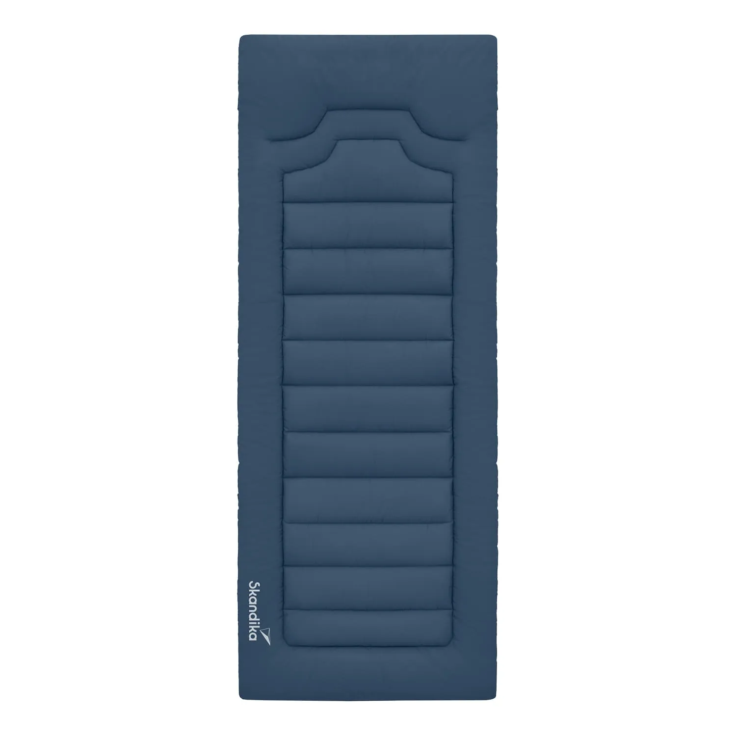 Dunkelblaue Schlafmatte mit gestepptem Design und einem abgerundeten Kopfteil.