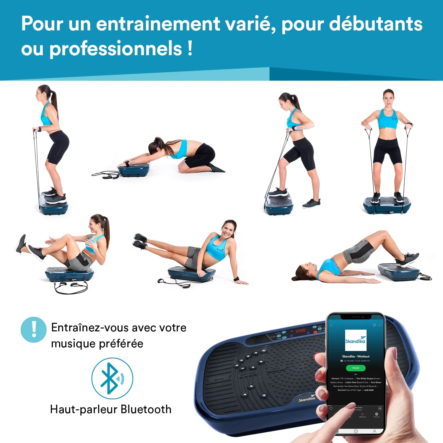 Ein Fitnessgerät mit Personen, die verschiedene Übungen darauf ausführen. Oben links steht ein motivierender Text. Rechts unten ein Smartphone mit Musik-Streaming.