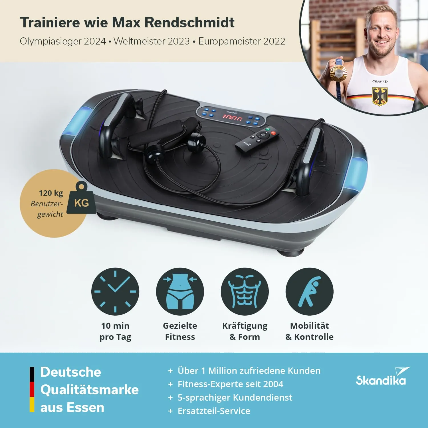 Vibrationsplatte mit Steuergerät und Kopfhörern, Angaben zu Benutzergewicht, Trainingszeit und Fitnessvorteilen.
