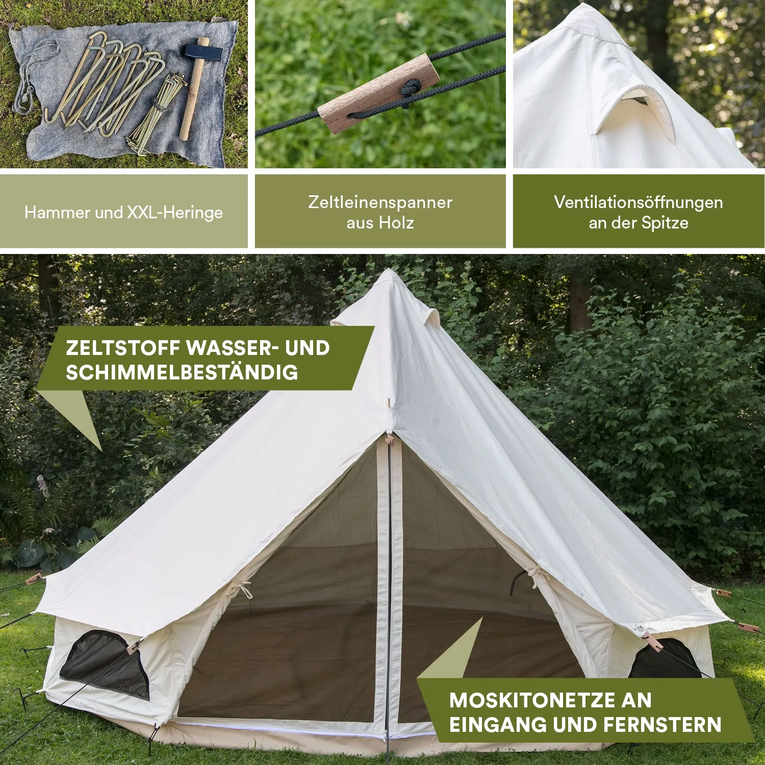 Zelt in weißer Farbe mit seitlichen Belüftungsöffnungen und Moskitonetzen Zubehör wie Hammer und Heringe auf einem Tuch.