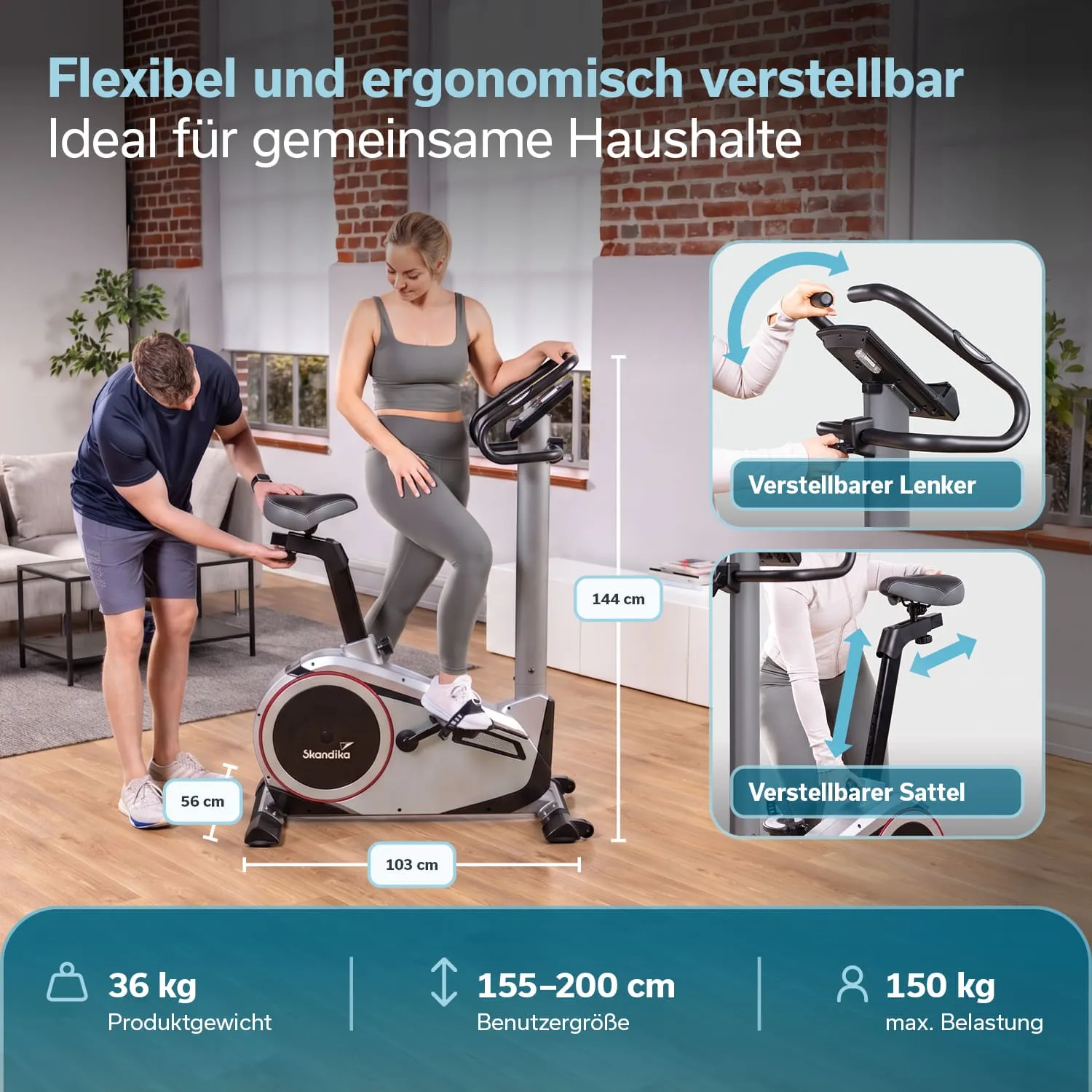 Ergometer mit gepolstertem Sitz, verstellbaren Pedalen und Lenkerposition, Maßen und Benutzergewichtsinformationen.