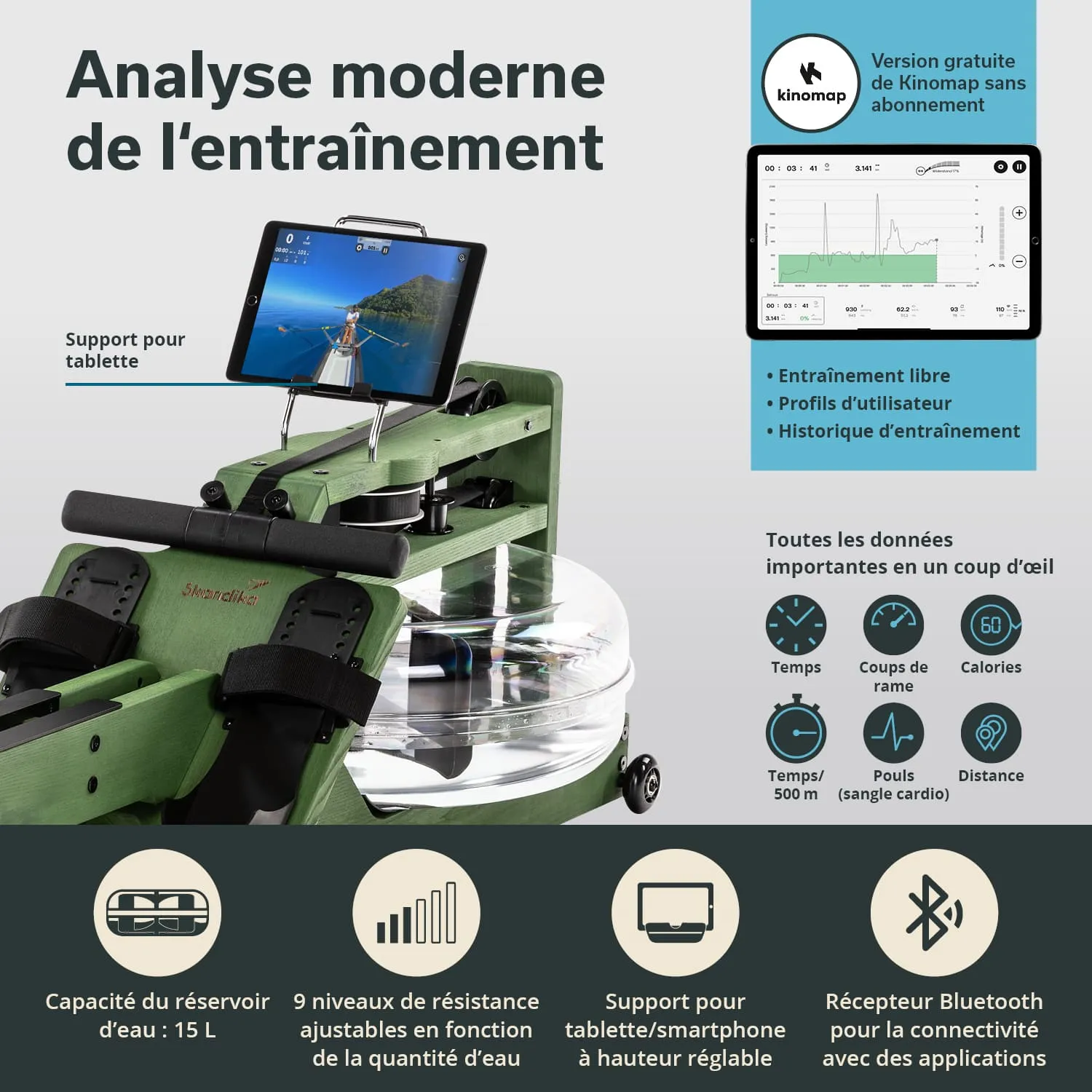 Rudergerät mit einem Tablet-Halter. Auf dem Tablet ist eine Trainings-App angezeigt. Informationen zu Trainingsdaten sind vorhanden.