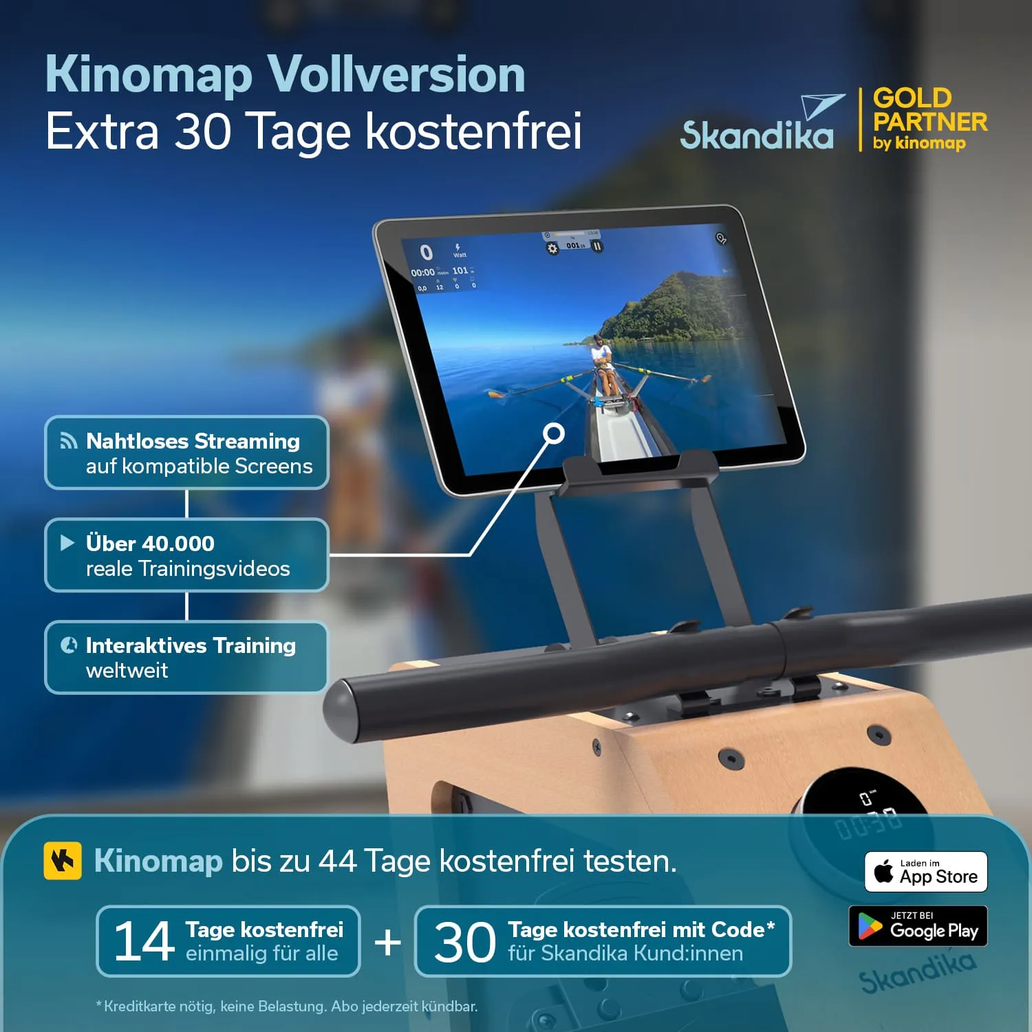 Tablet auf einem Rudergerät zeigt ein interaktives Trainingsvideo mit Boot auf Wasser. Text zu Kinomap-Angeboten.