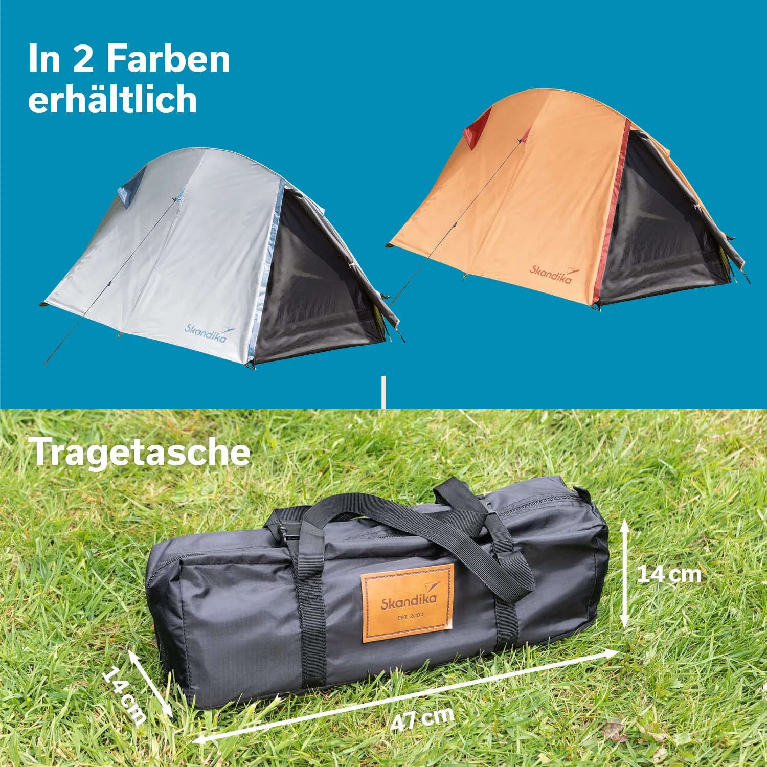 Zwei Zelte in grau und orange sind abgebildet. Darunter liegt eine schwarze Tragetasche mit Maßen. Der Hintergrund ist blau.