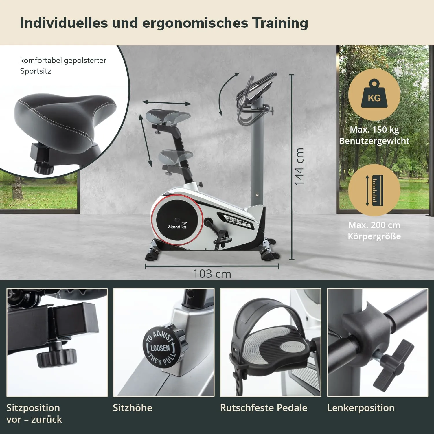Ergometer mit gepolstertem Sitz, verstellbaren Pedalen und Lenkerposition, Maßen und Benutzergewichtsinformationen.