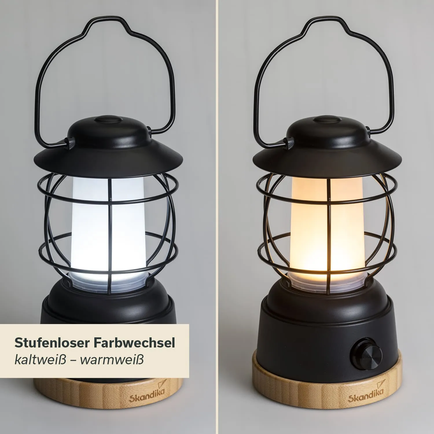 Eine Lampe mit einem schwarzen Gitter und einem Holzsockel ist von zwei Seiten abgebildet. Links leuchtet sie kaltweiß, rechts warmweiß.