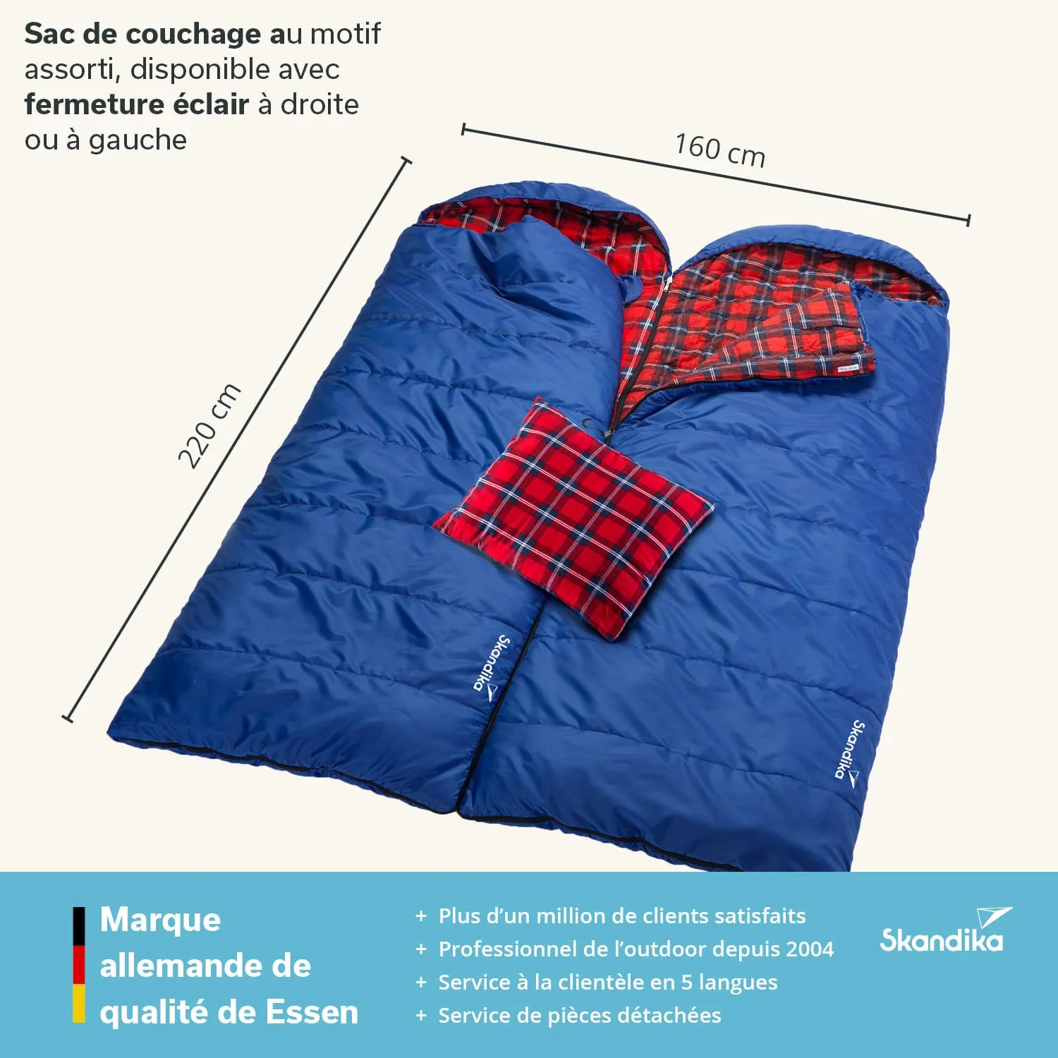 Blauer Schlafsack mit kariertem Innenfutter, der im offenen Zustand abgebildet ist. Dazu ein Kissen im gleichen karierten Muster.