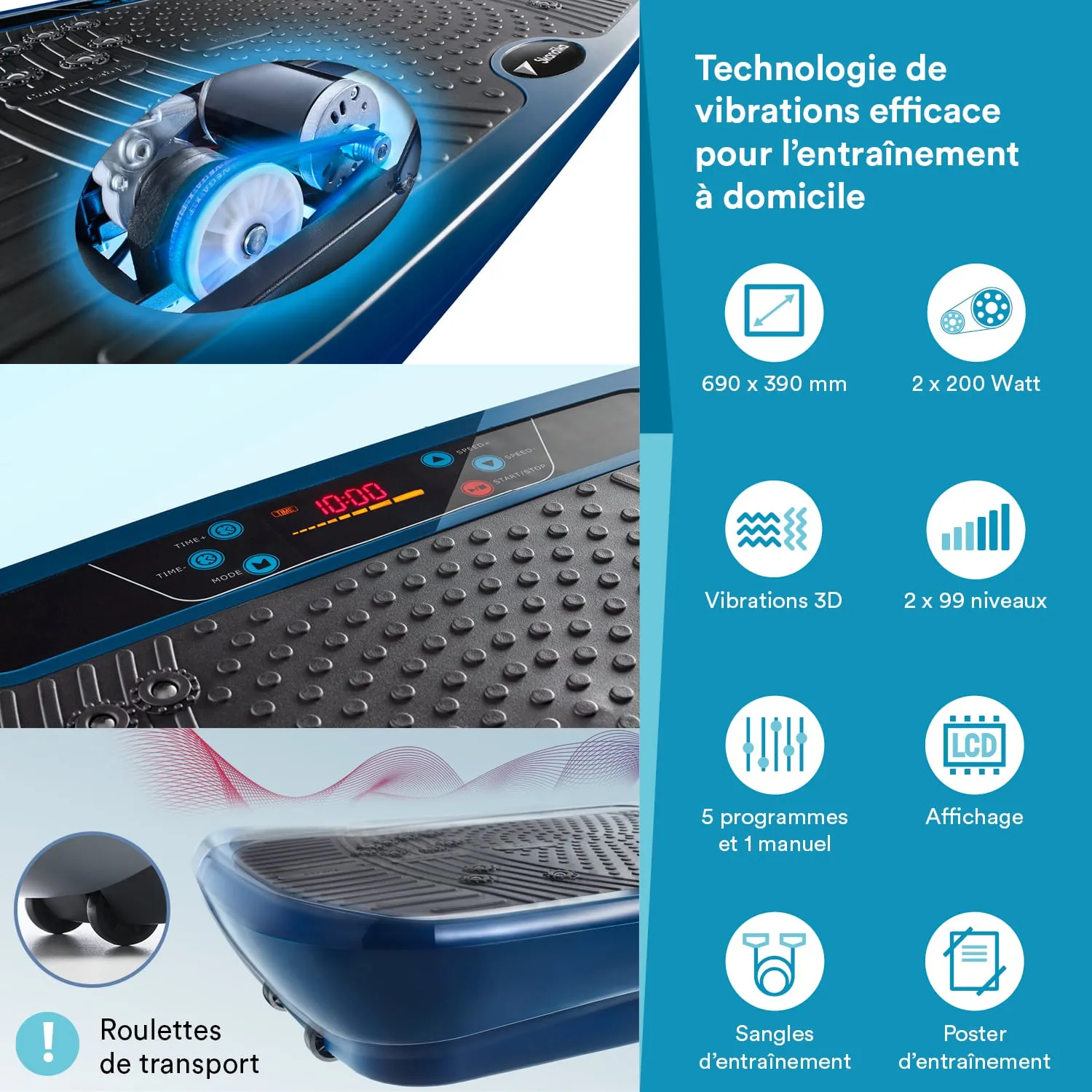 Vibrationsgerät mit blauer Oberfläche, Steuerfeld, LCD-Anzeige und verschiedenen Symbolen. Maße 690 x 390 mm, mit Transportrollen.