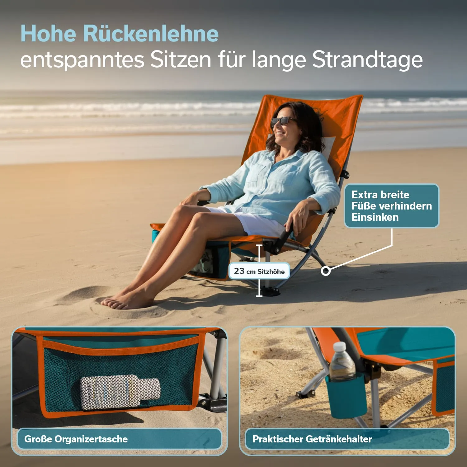 Frau sitzt entspannt in einem orangefarbenen Strandstuhl mit hoher Rückenlehne auf Sand. Im Hintergrund das Meer.