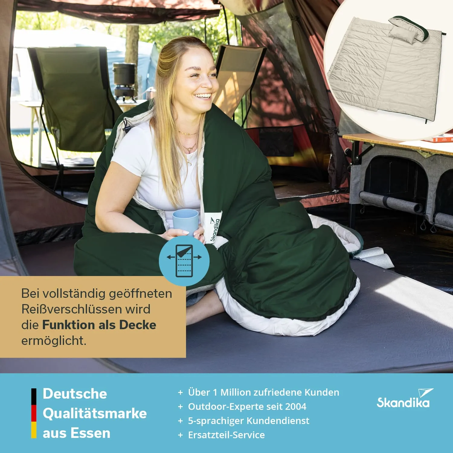 Eine Person sitzt lächelnd in einem Zelt und hält einen Becher. Sie ist in einen grünen Schlafsack eingewickelt. Im oberen Bildbereich ist eine schwarze und graue Decke sichtbar.