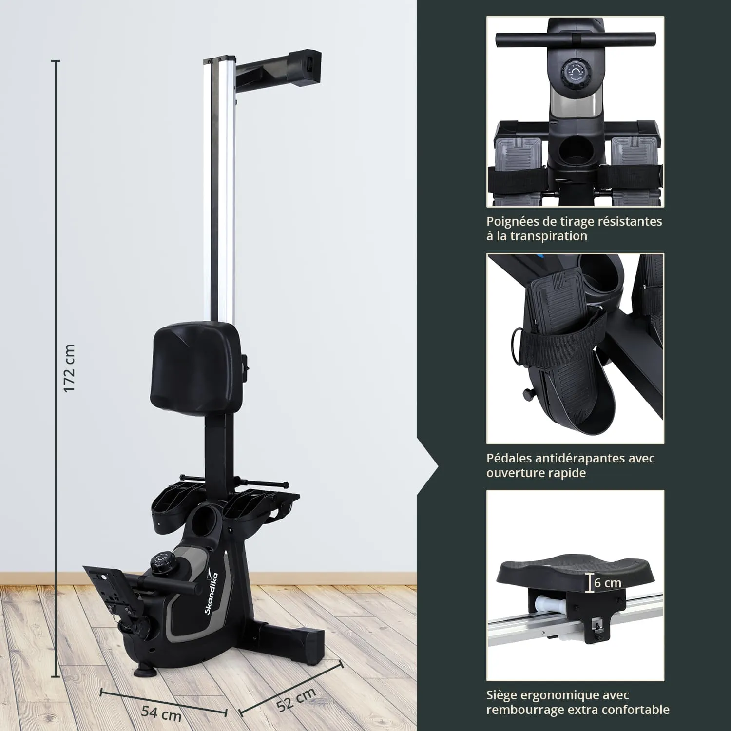 Fitnessgerät mit ergonomischem Sitz, verstellbaren Pedalen und Griffen, Maße: 172 cm hoch, 54 cm breit, 52 cm tief.