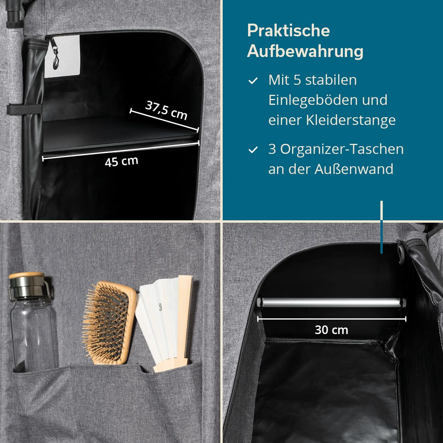 Graue Aufbewahrungslösung mit Innenfächern, einer Kleiderstange und drei Außentaschen. Enthält Wasserflasche, Haarbürste und Fächer.