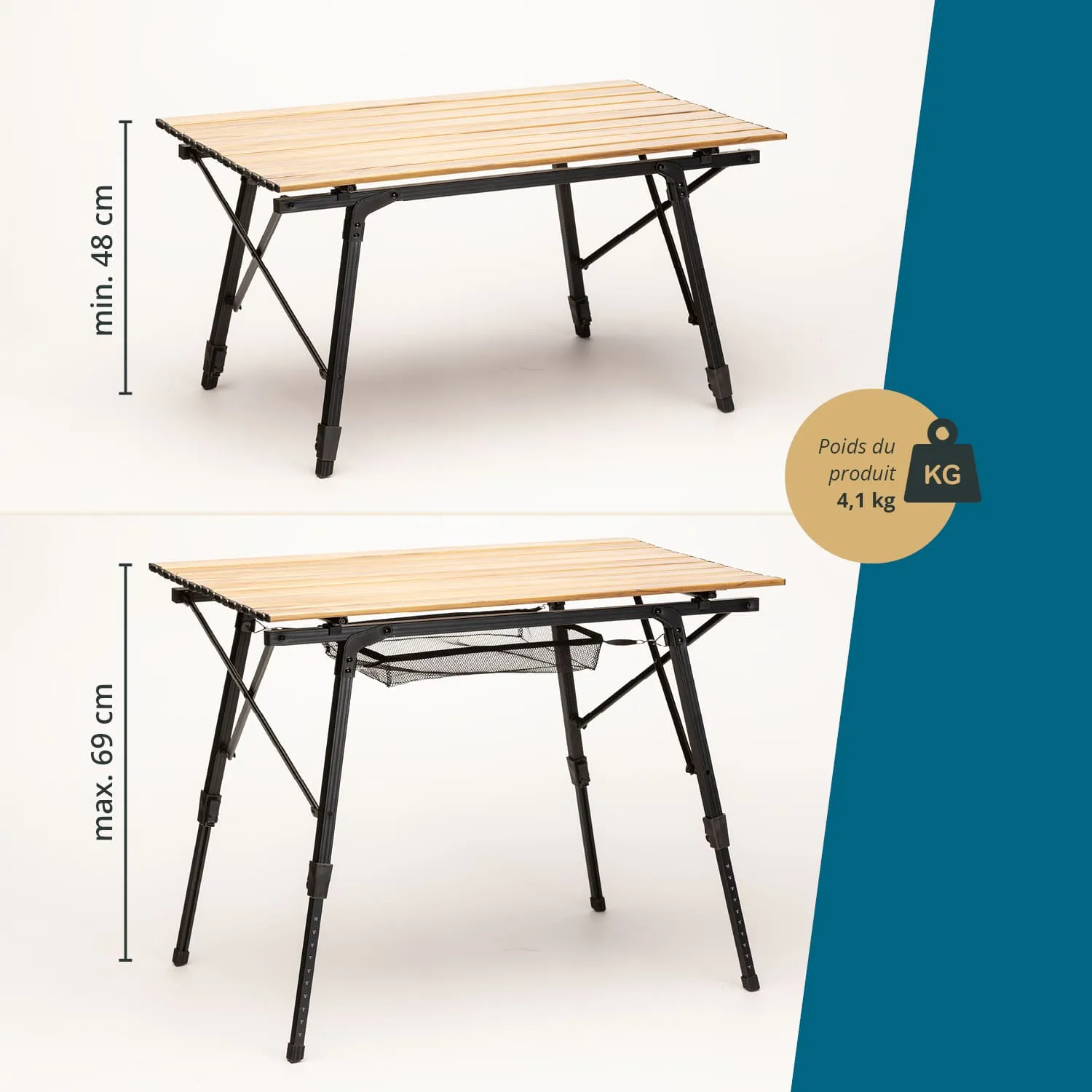 Klappbarer Tisch mit Holzplatte, einstellbarer Höhe (48 cm bis 69 cm), Netzablage darunter, Gewicht 4,1 kg.