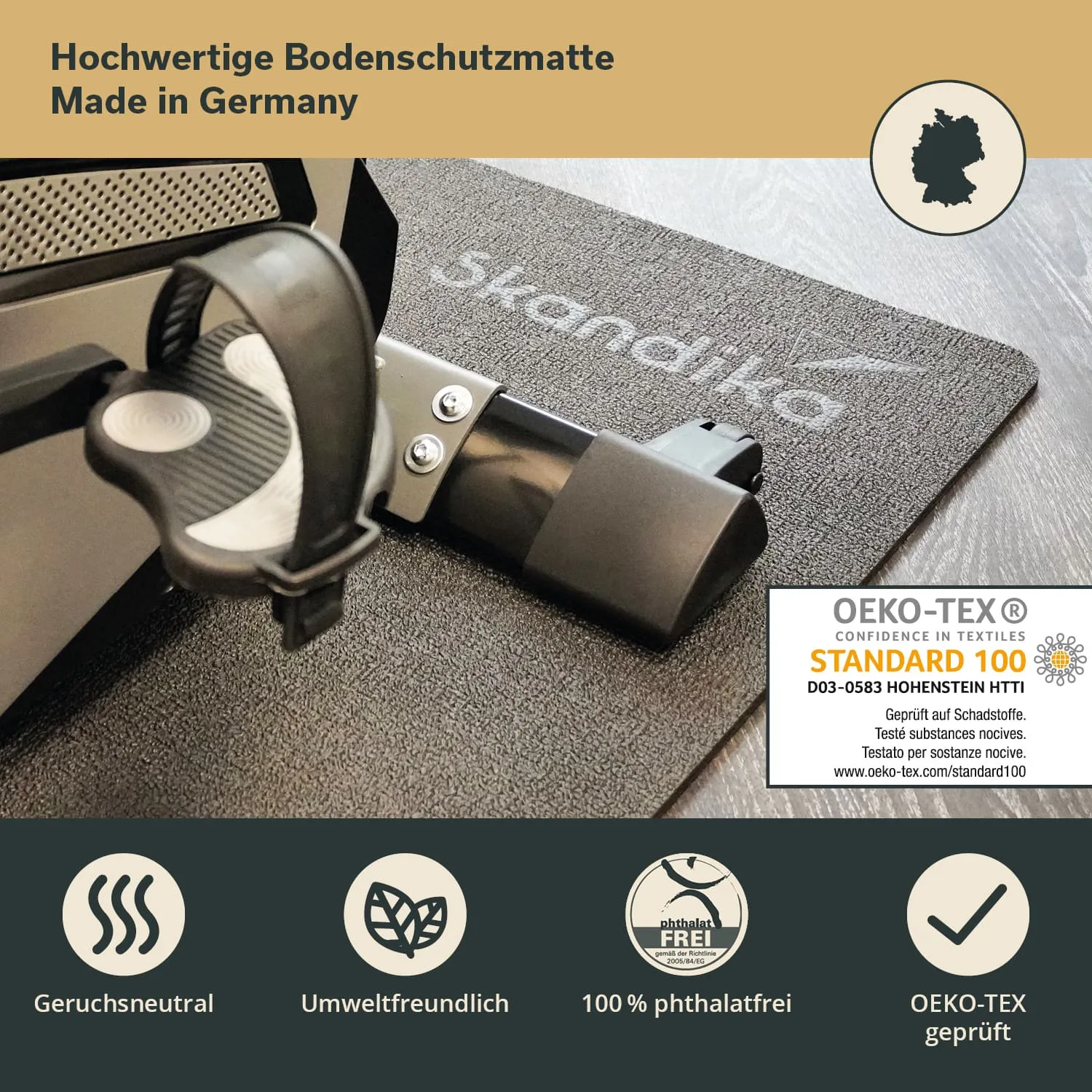 Bodenschutzmatte in grau mit dem Schriftzug "Skandika", teilweise sichtbar, darunter Icons mit Eigenschaften wie geruchsfrei und umweltfreundlich.
