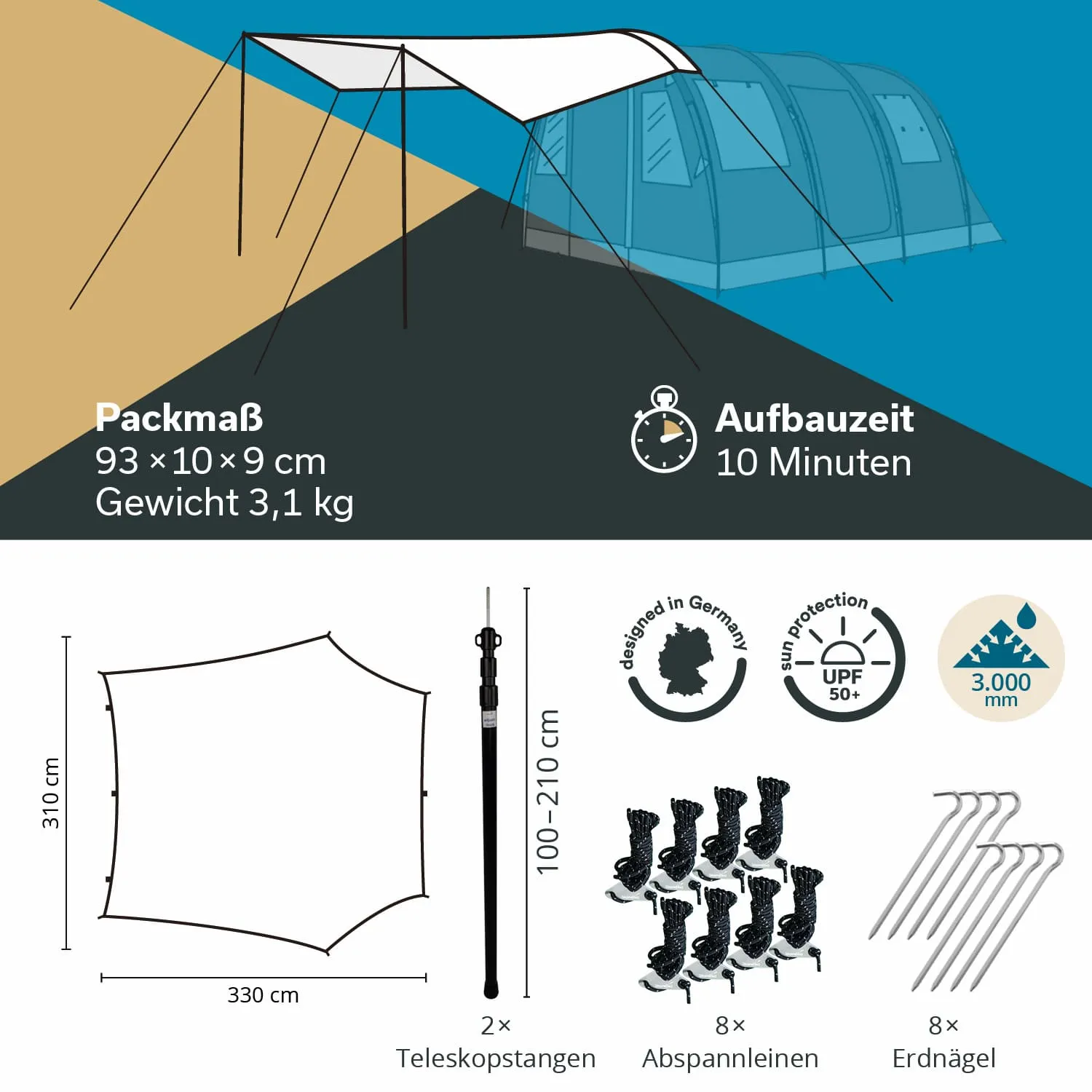 Zelt mit aufgestelltem Sonnenschutz, Maßen und Gewicht angegeben, Teleskopstangen, Spannleinen und Erdnägel erkennbar.