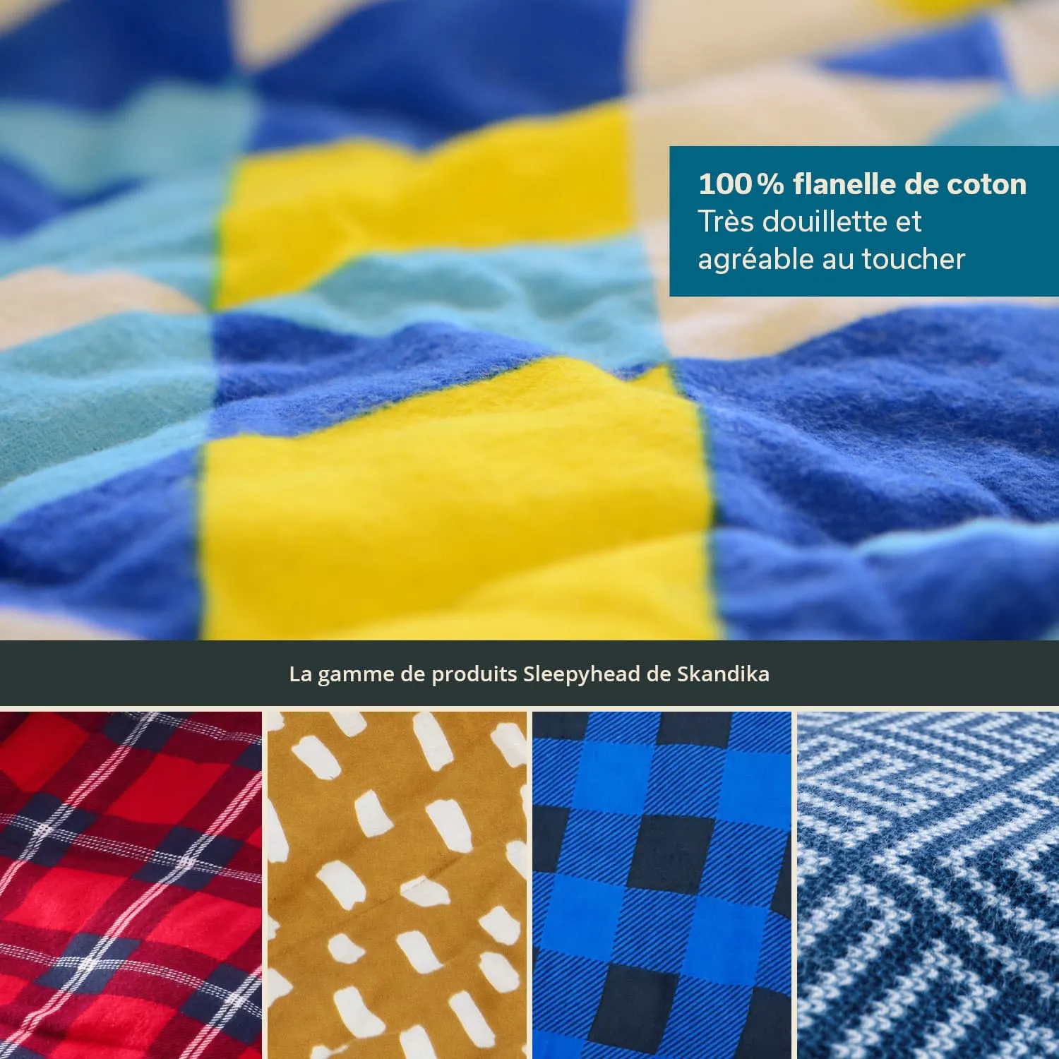 Bunt gemusterte Baumwollflanelle in Gelb, Blau und Creme, mit weiteren Stoffmustern in Rot, Braun und Blau.