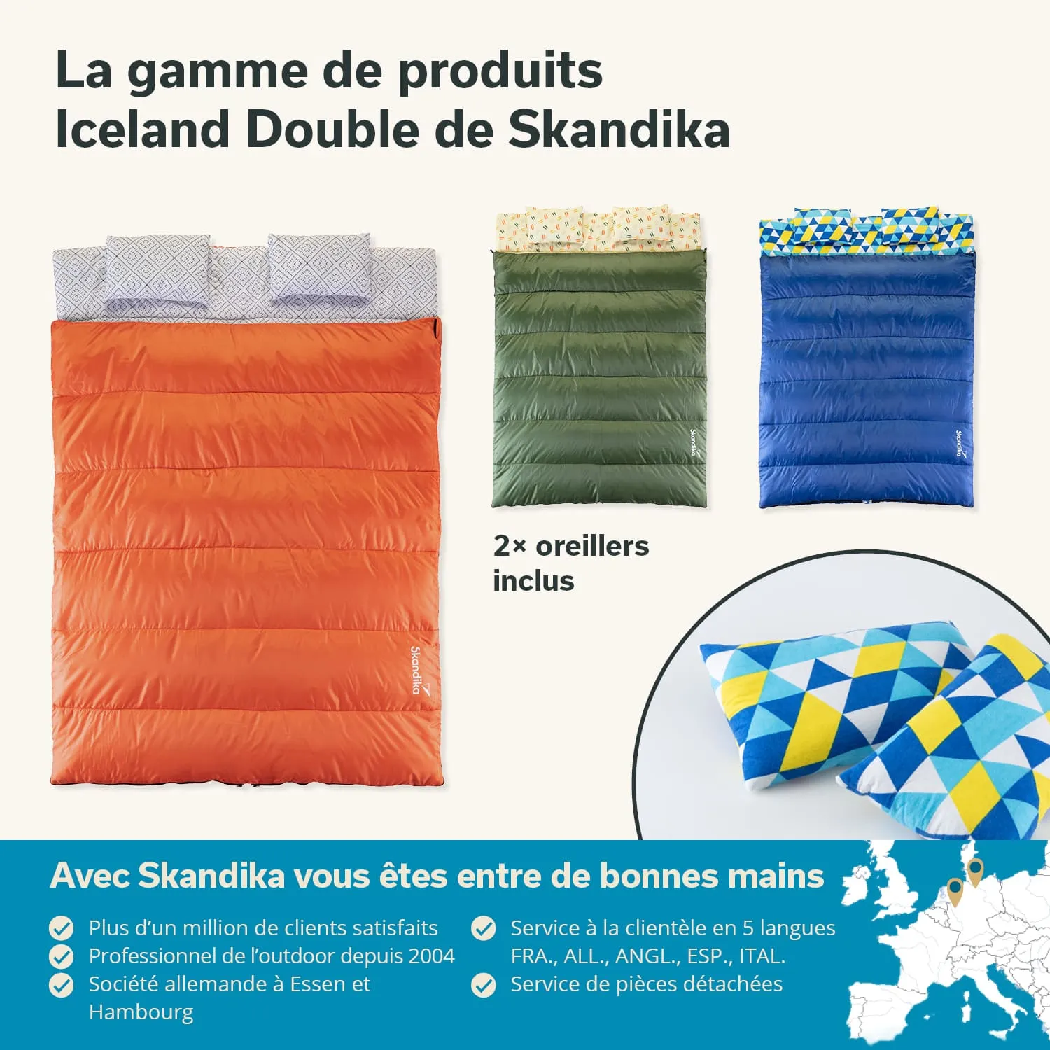 Produktübersicht mit vier farbigen Schlafsäcken in verschiedenen Designs, darunter orange, grün, blau und gemusterte Kissen.