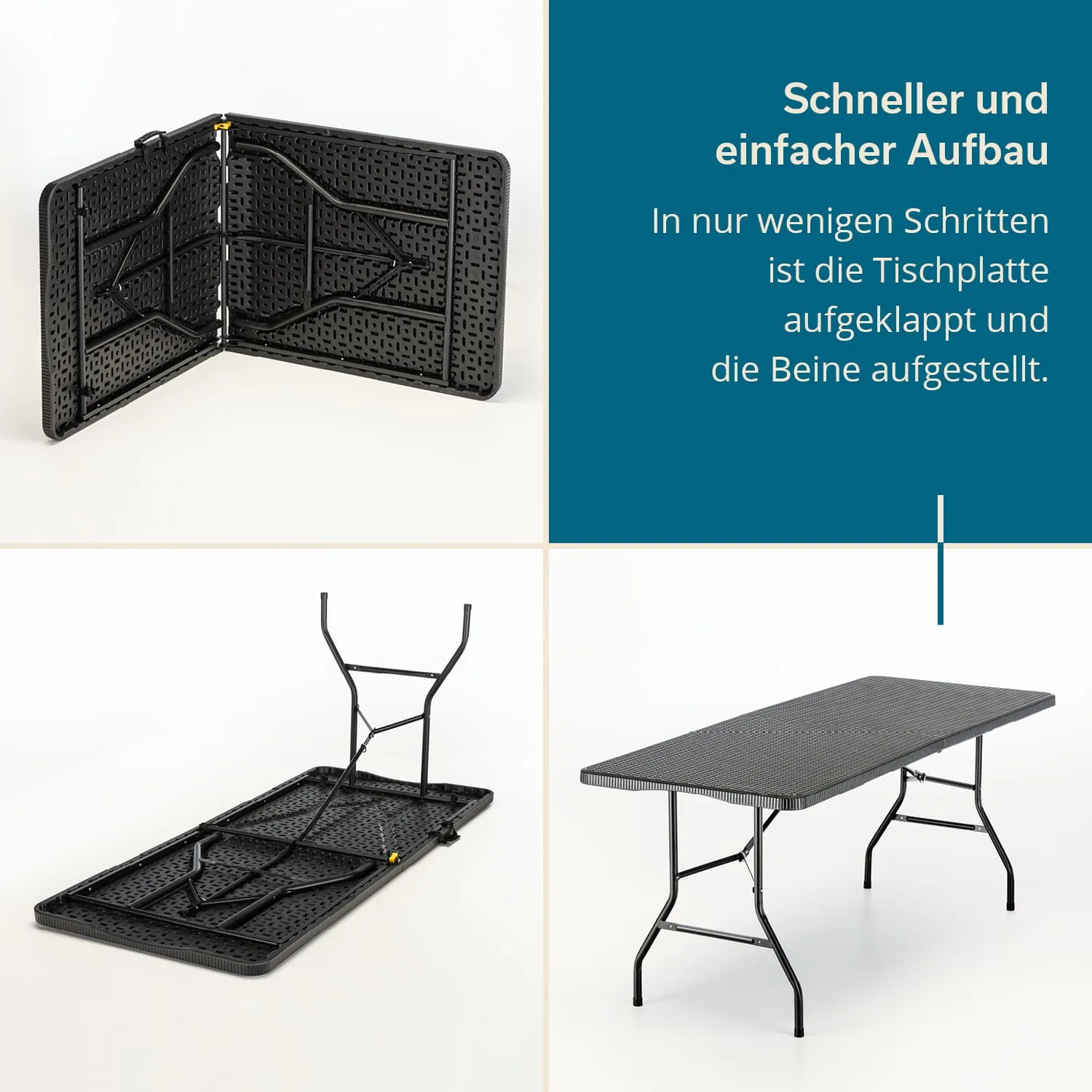 Faltbare Tischplatte in verschiedenen Aufbaustufen: gefaltet, teilweise geöffnet und vollständig aufgestellt.