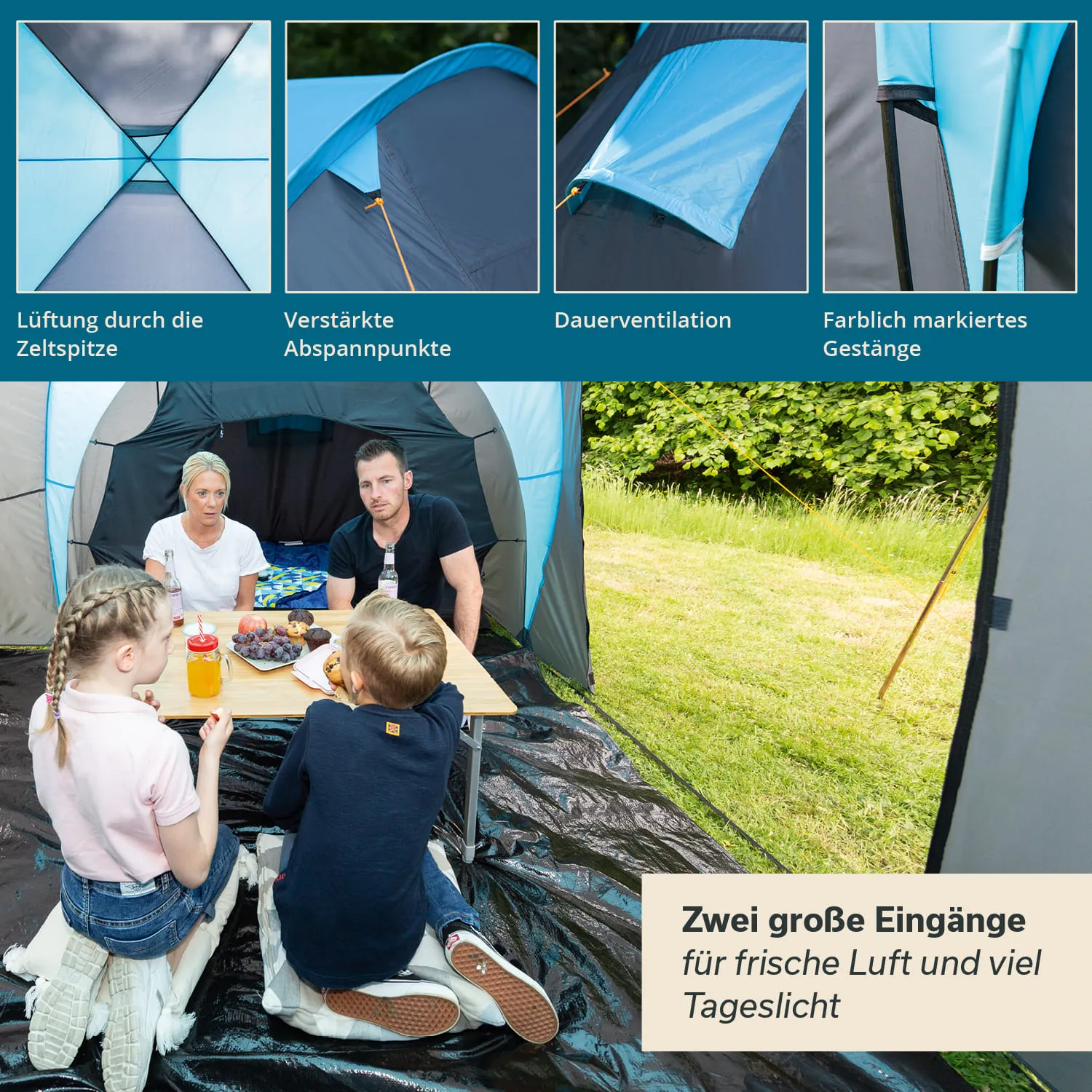 Zeltinnensicht mit einer Familie am Tisch, umgeben von Essen und Getränken, auf einer Wiese.