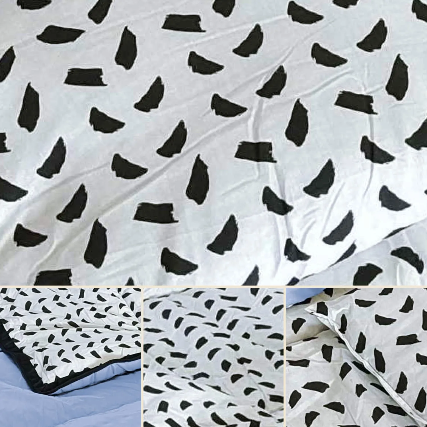 Polycotton Mischgewebe mit schwarzen und weißen Mustern, aufgebrochen durch verschiedene Ansichten des Stoffes.