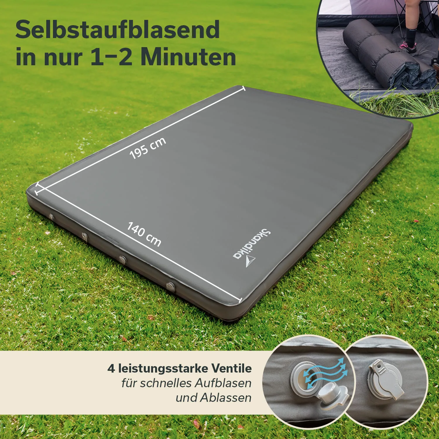 Auf einer grünen Wiese liegt eine graue, selbstaufblasende Matratze mit den Maßen 195 cm x 140 cm. Neben der Matratze sind vier Ventile abgebildet, die für schnelles Aufblasen und Ablassen vorgesehen sind.