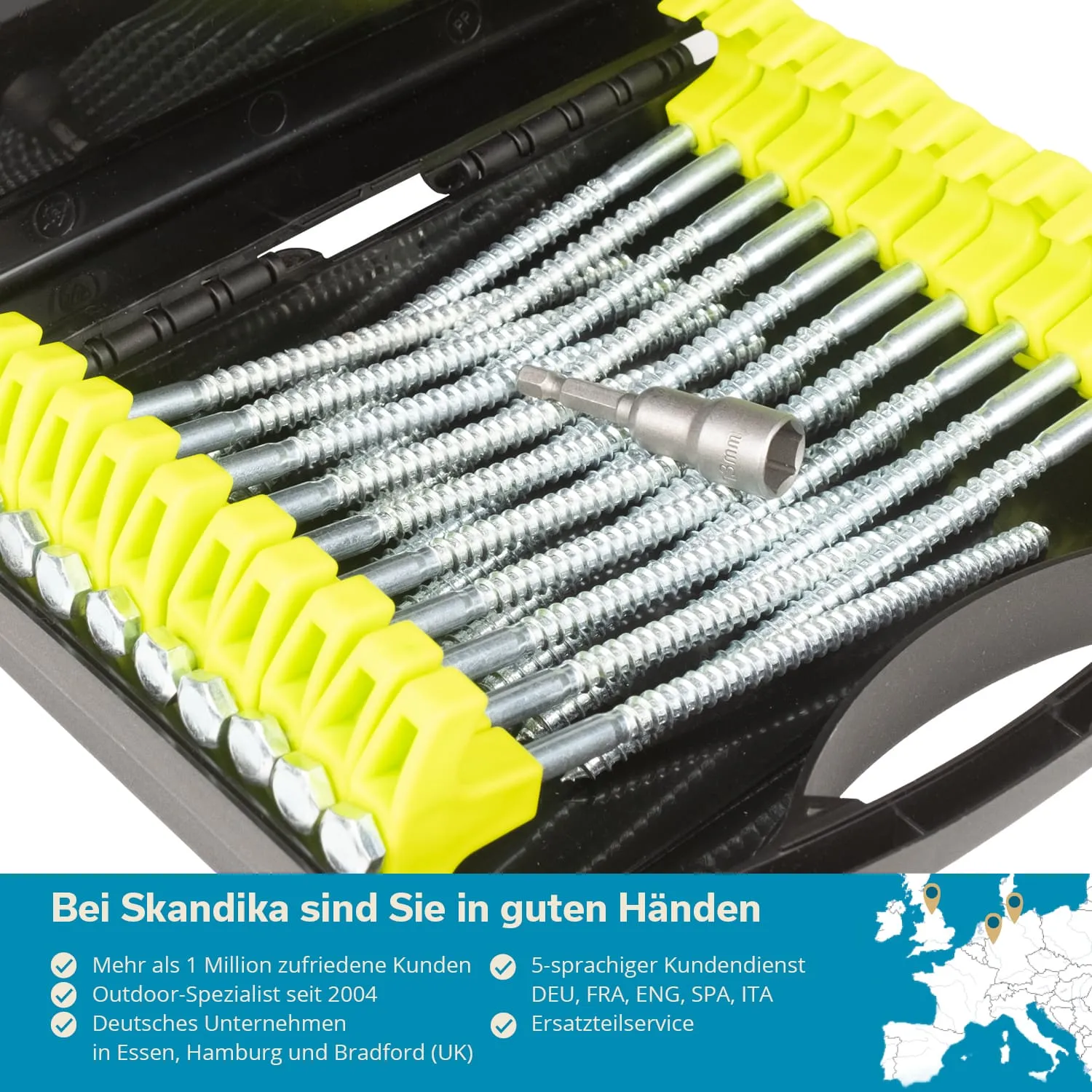 Bilder von Schrauben in einer Werkzeugkiste mit gelben Halterungen und einem Sechskantschlüssel. Hintergrund in grau.