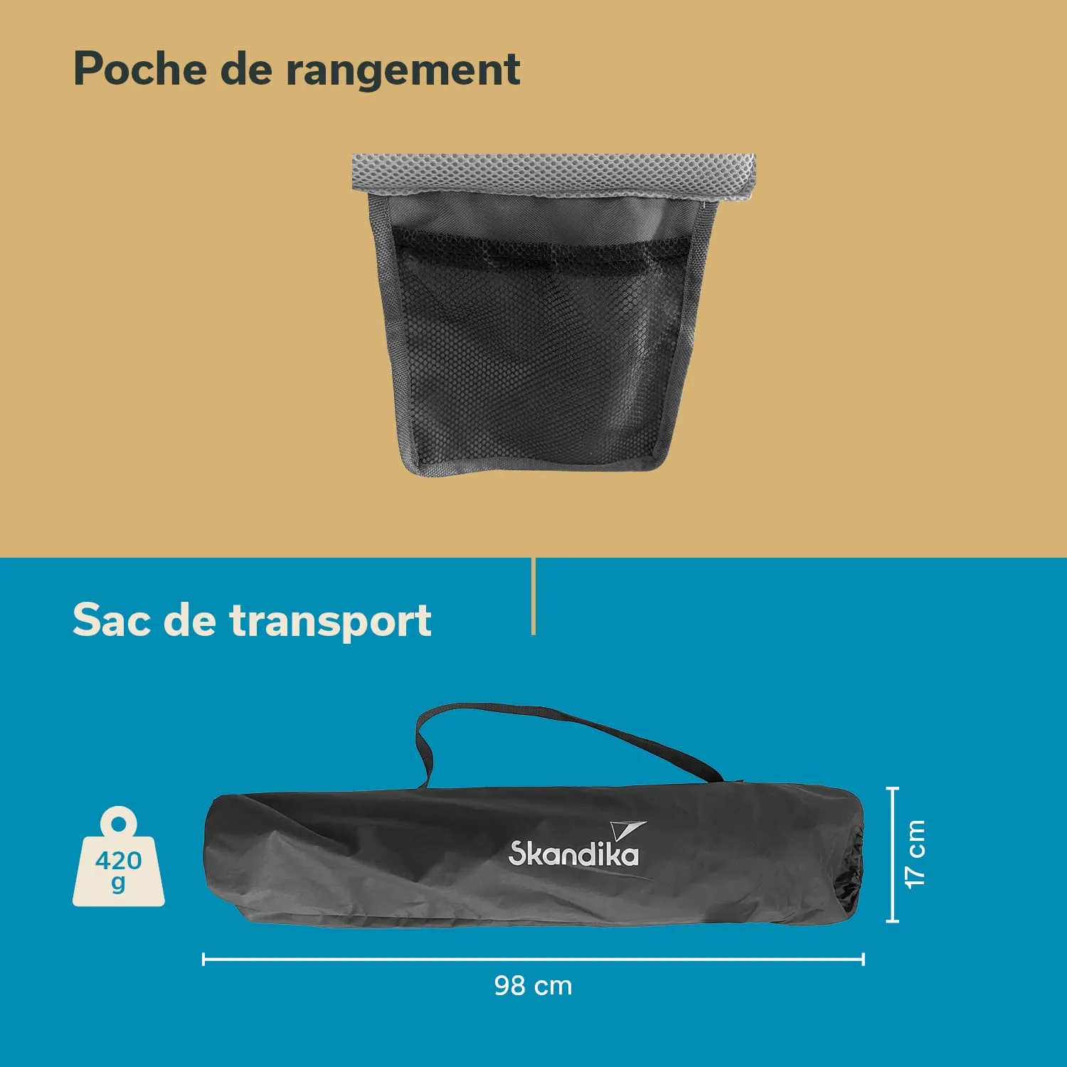 Schwarze Tasche mit Tragegriff (98 cm, 420 g) und grauer Aufbewahrungstasche auf beigem Hintergrund.