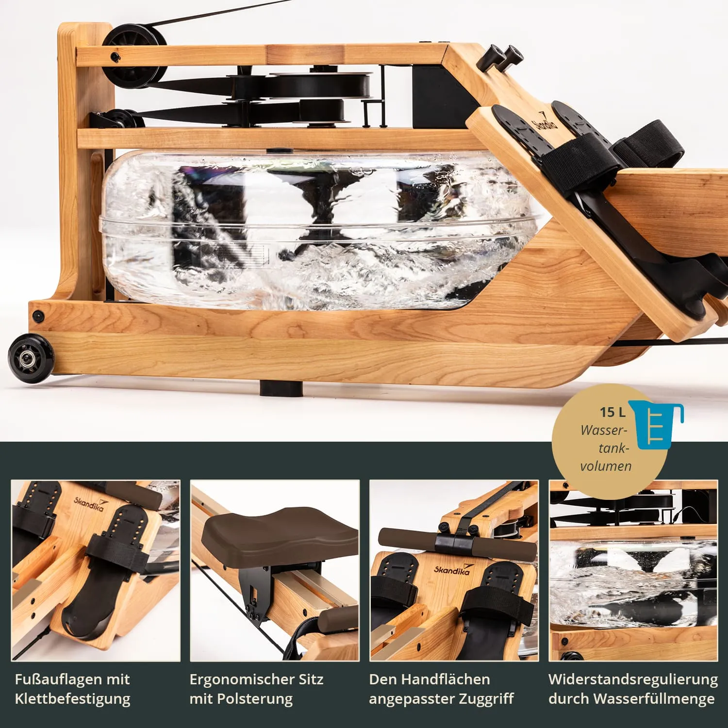 Rudergerät aus Holz mit Wassertank. Zubehör umfasst Fußauflagen, ergonomischen Sitz und Handgriffe. Markierung des Wassertankvolumens.