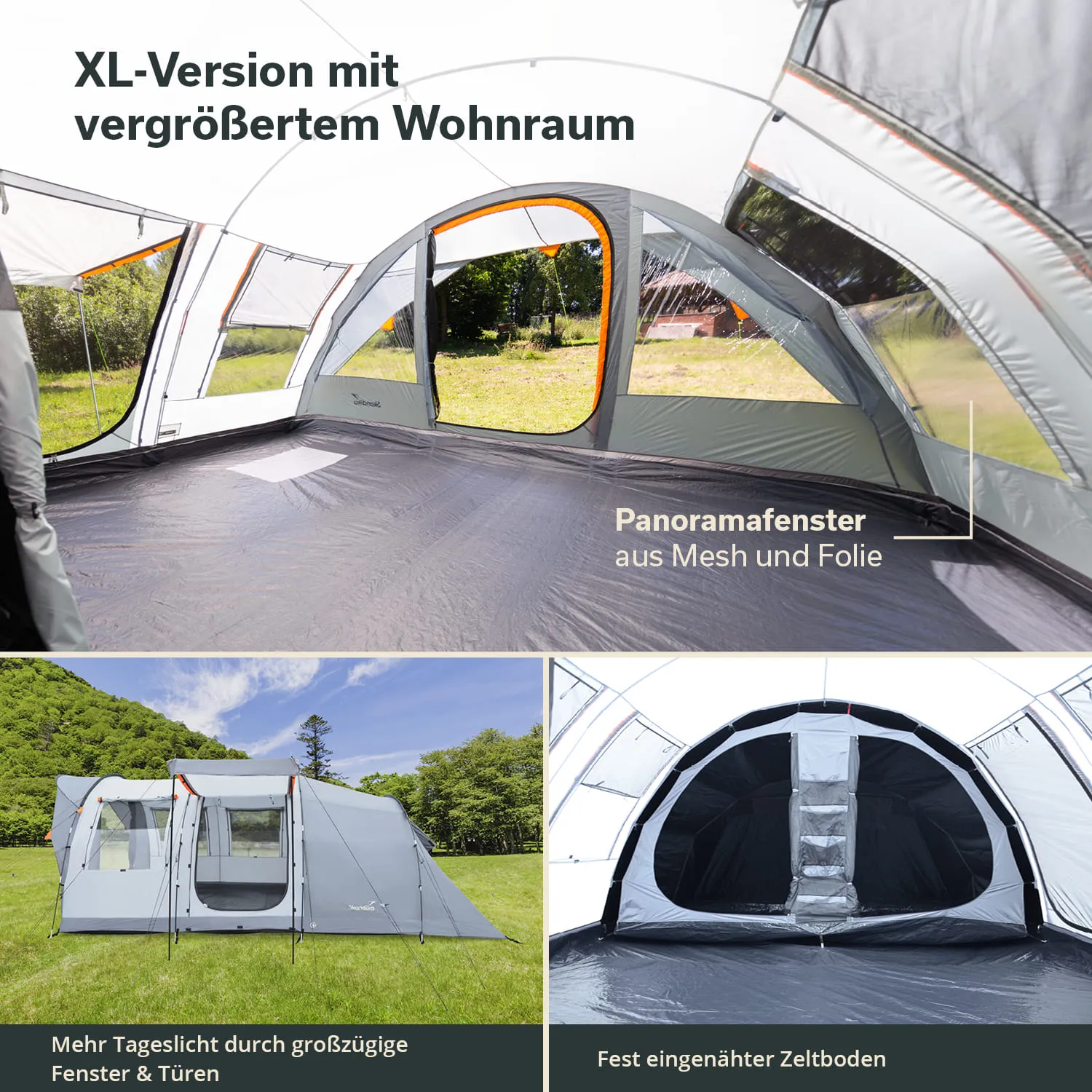 Zelt mit vergrößertem Wohnraum, Panorama- und Mesh-Fenster, im Hintergrund Grünflächen und Bäume. Bodenansicht sichtbar.