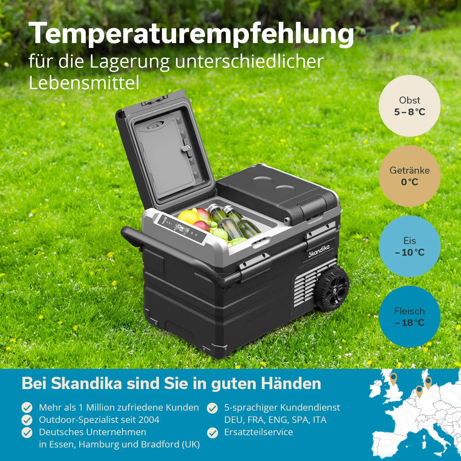 Kühlbox auf Grünfläche mit geöffnetem Deckel, gefüllt mit Obst und Getränken. Temperaturempfehlungen für Lebensmittel werden angezeigt.