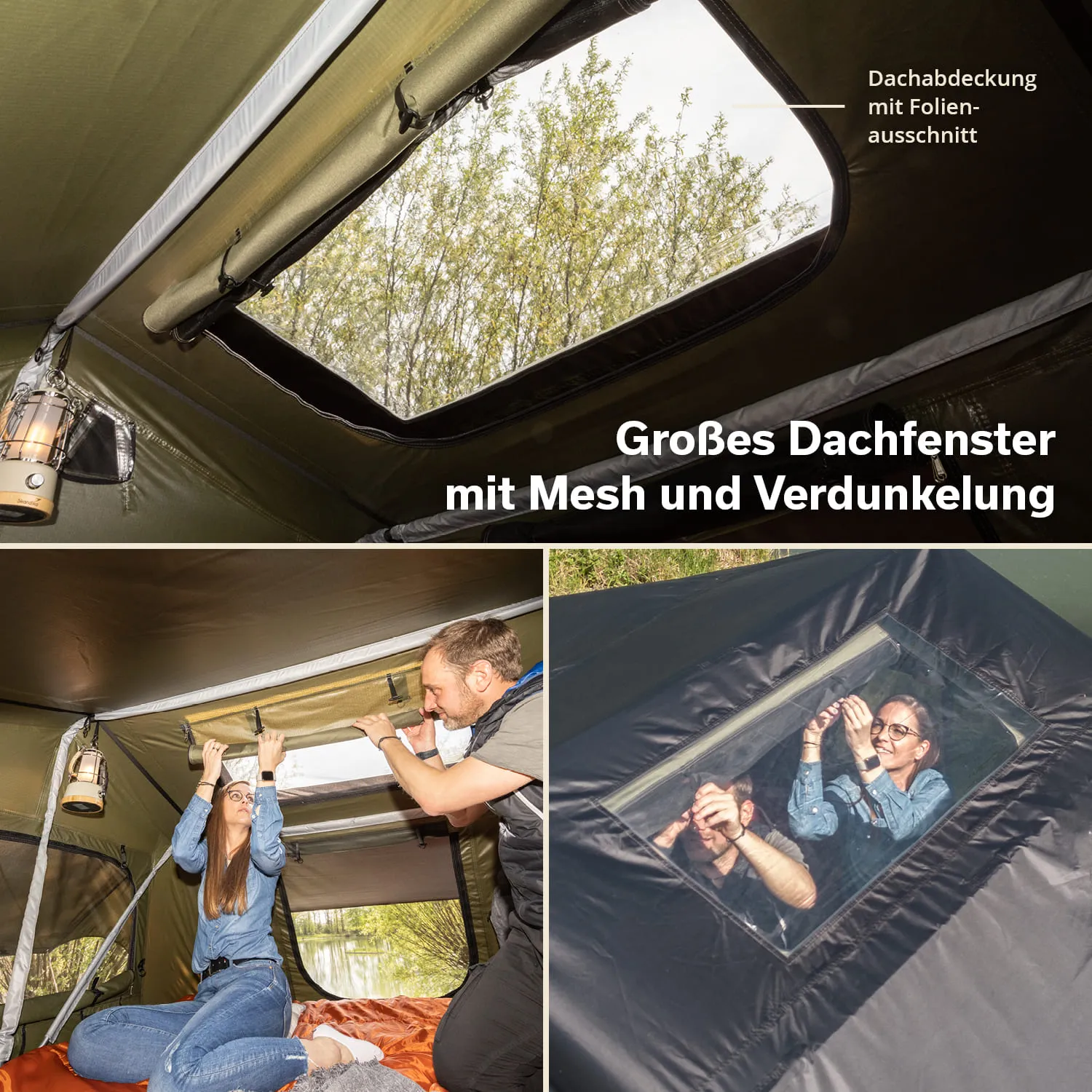 Zeltinnenseite mit großem Dachfenster. Eine Person zieht das Fenster auf, andere schauen hinaus. Lanternen und Natur sichtbar.