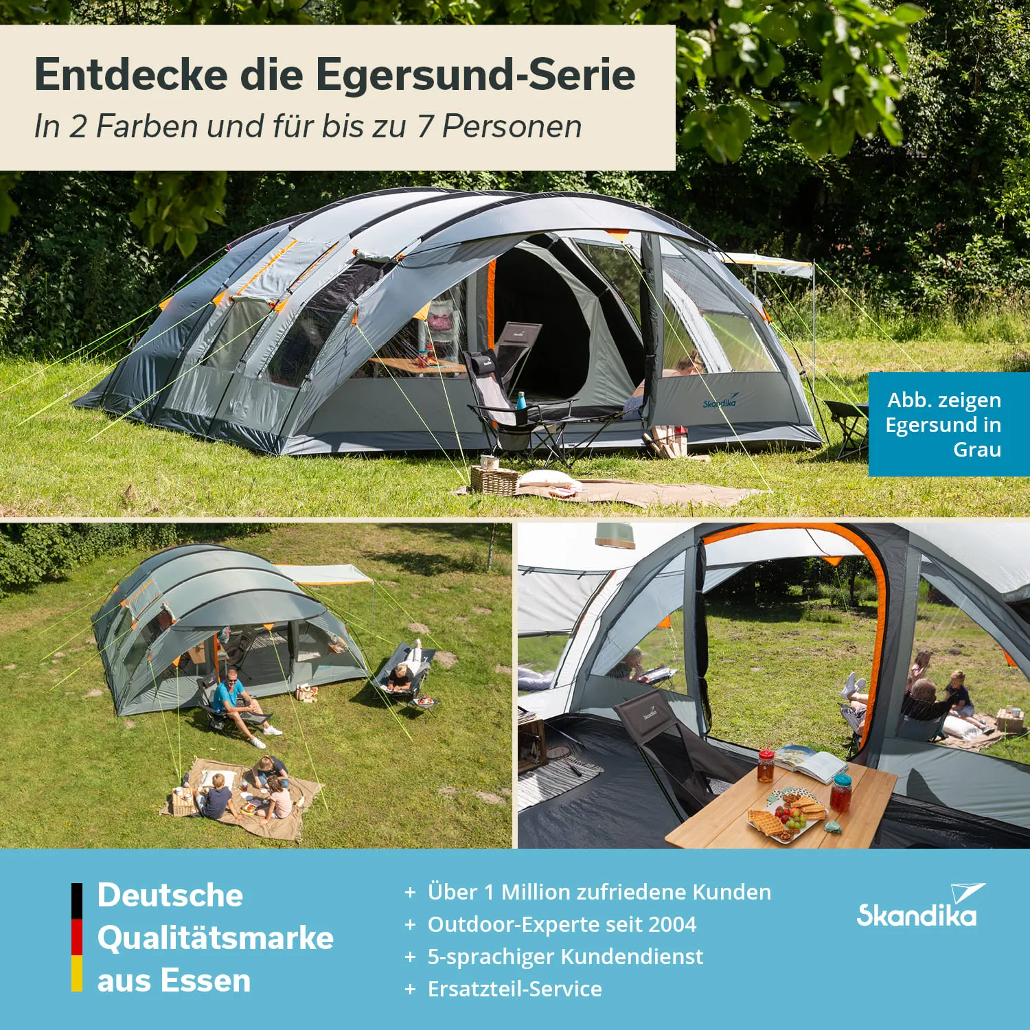 Zelt der Egersund-Serie in grau, umgeben von Grün. Auf dem Rasen stehen ein Tisch mit Essen, Stühle und Personen.