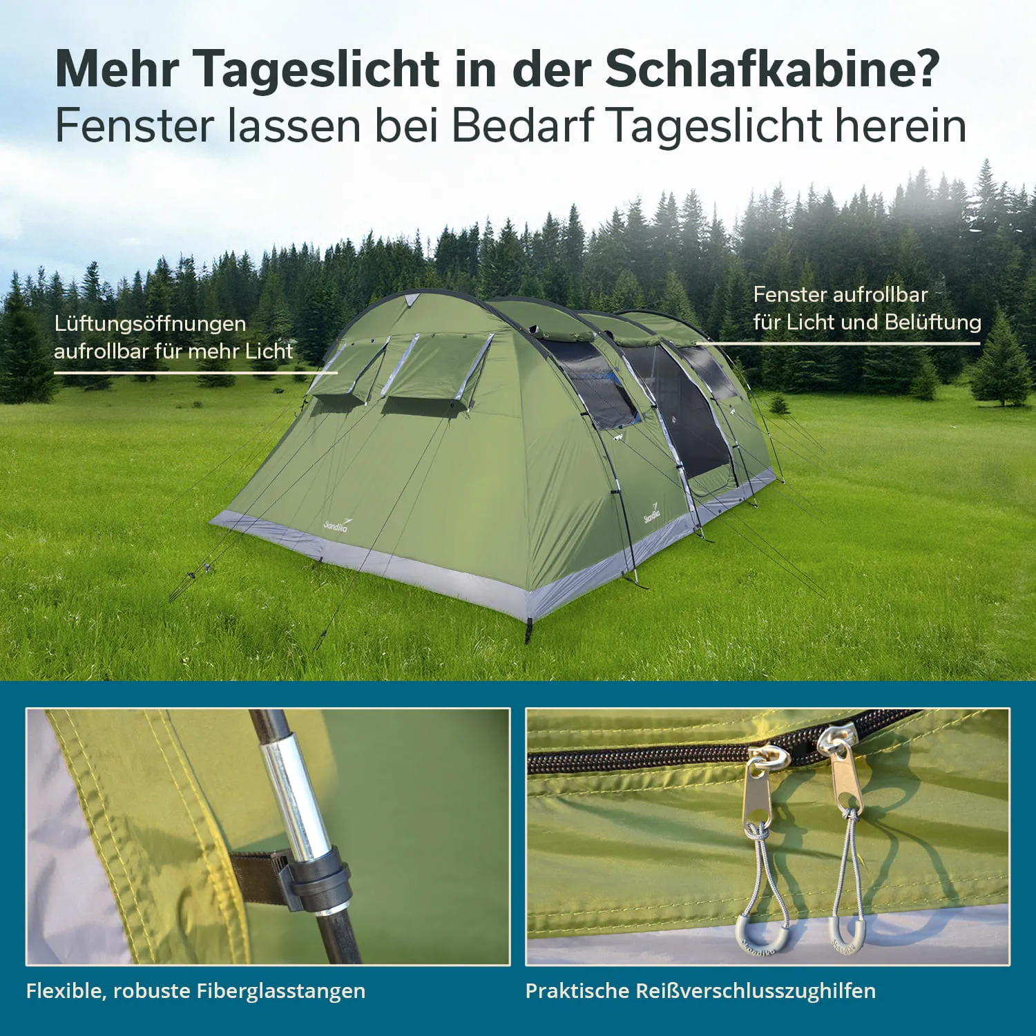 Zelt in grüner Farbe auf einer Wiese, umgeben von Bäumen. Detailansichten von Fiberglastangen und Reißverschlüssen.