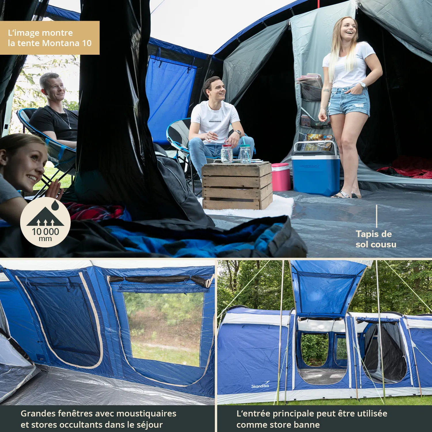 Zelt mit Personen im Inneren, Sitzgelegenheiten, einem Holzkasten und Kühler, sowie Fenstern mit Mückenschutz.