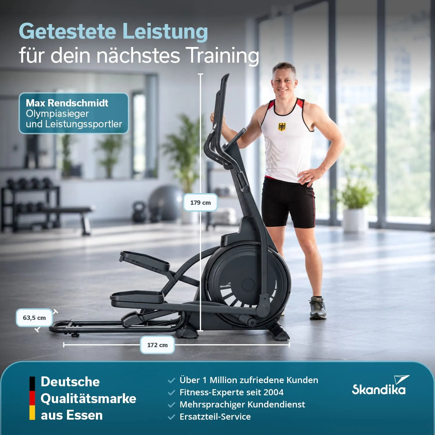 Ellipsentrainer in einem hellen Raum mit Fenstern. Neben dem Trainer steht ein sportlich gekleideter Mann. Maße sind angegeben.