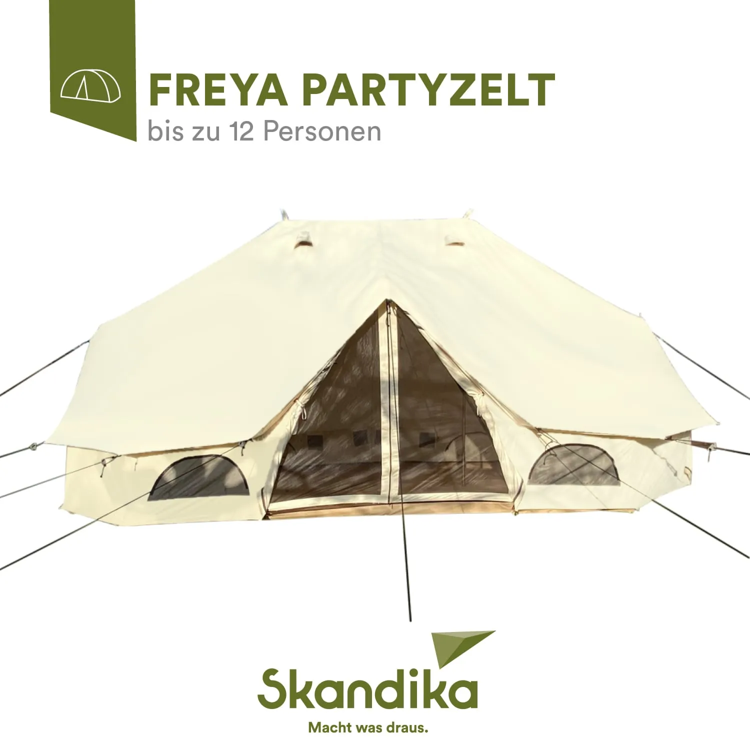 Beige Partyzelte mit zwei Eingangstüren und Fenstern, geeignet für bis zu 12 Personen. Logo und Schriftzug von Skandika.