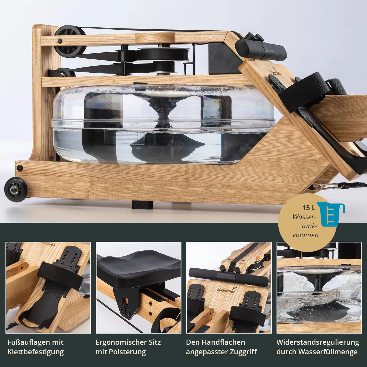 Wassertretgerät aus Holz mit durchsichtigem Wassertank, ergonomischem Sitz und verstellbaren Fußplatten, 15 Liter Volumen.