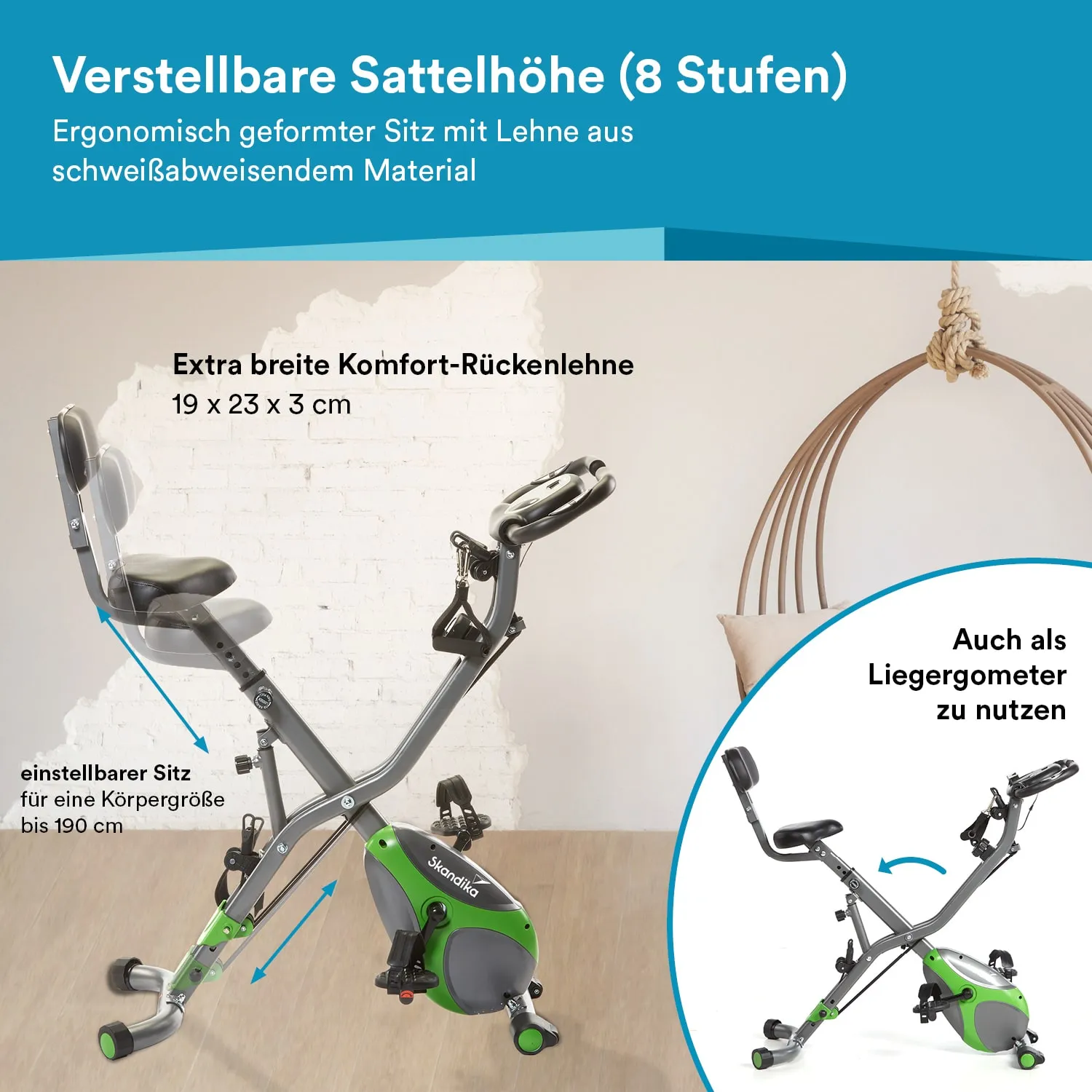 Ergometer mit verstellbarer Sattelhöhe, breiter Rückenlehne und stabiler Struktur, vor einer hellen Wand präsentiert.