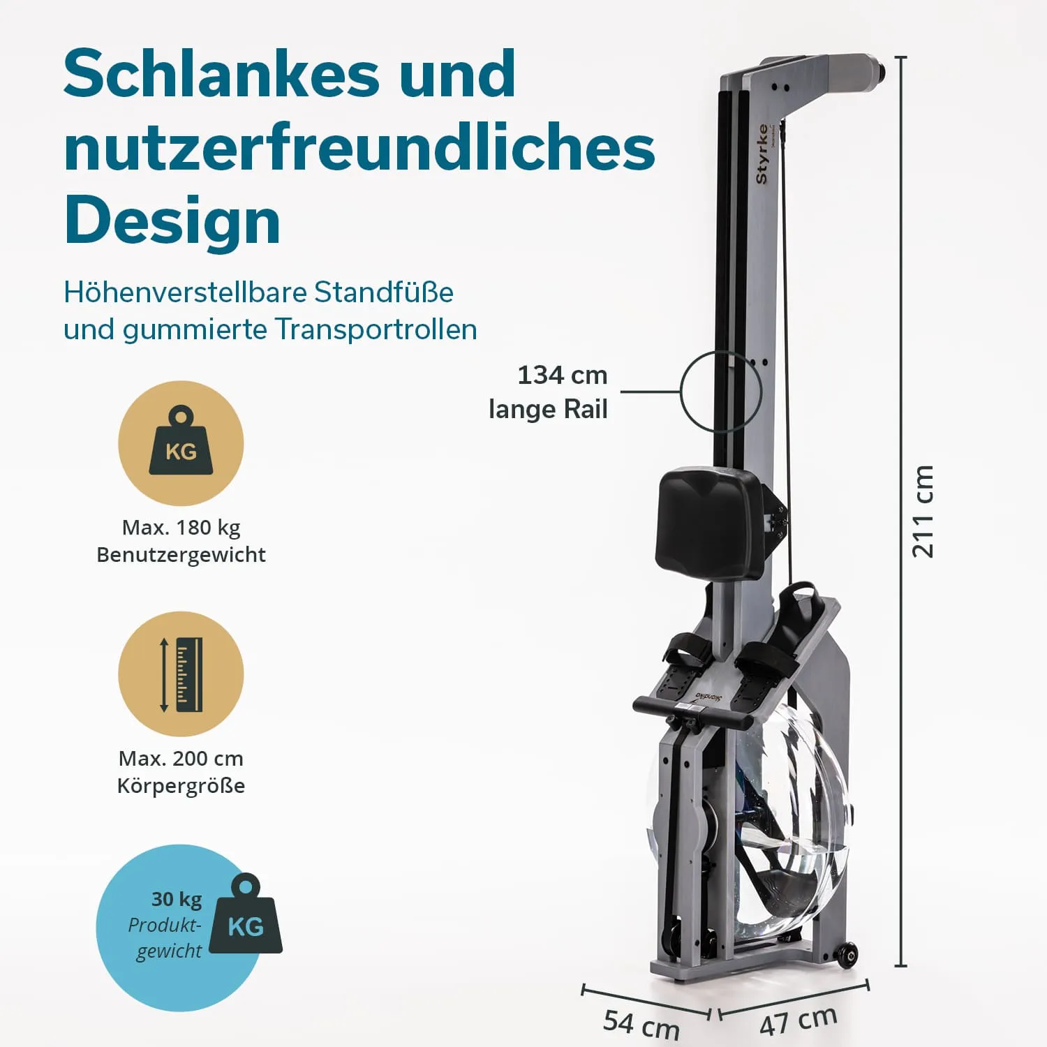 Rudergerät mit Höhenverstellbaren Standfüßen, gummierten Transportrollen und Maßen von 211 cm Höhe, 54 cm Breite und 47 cm Tiefe.