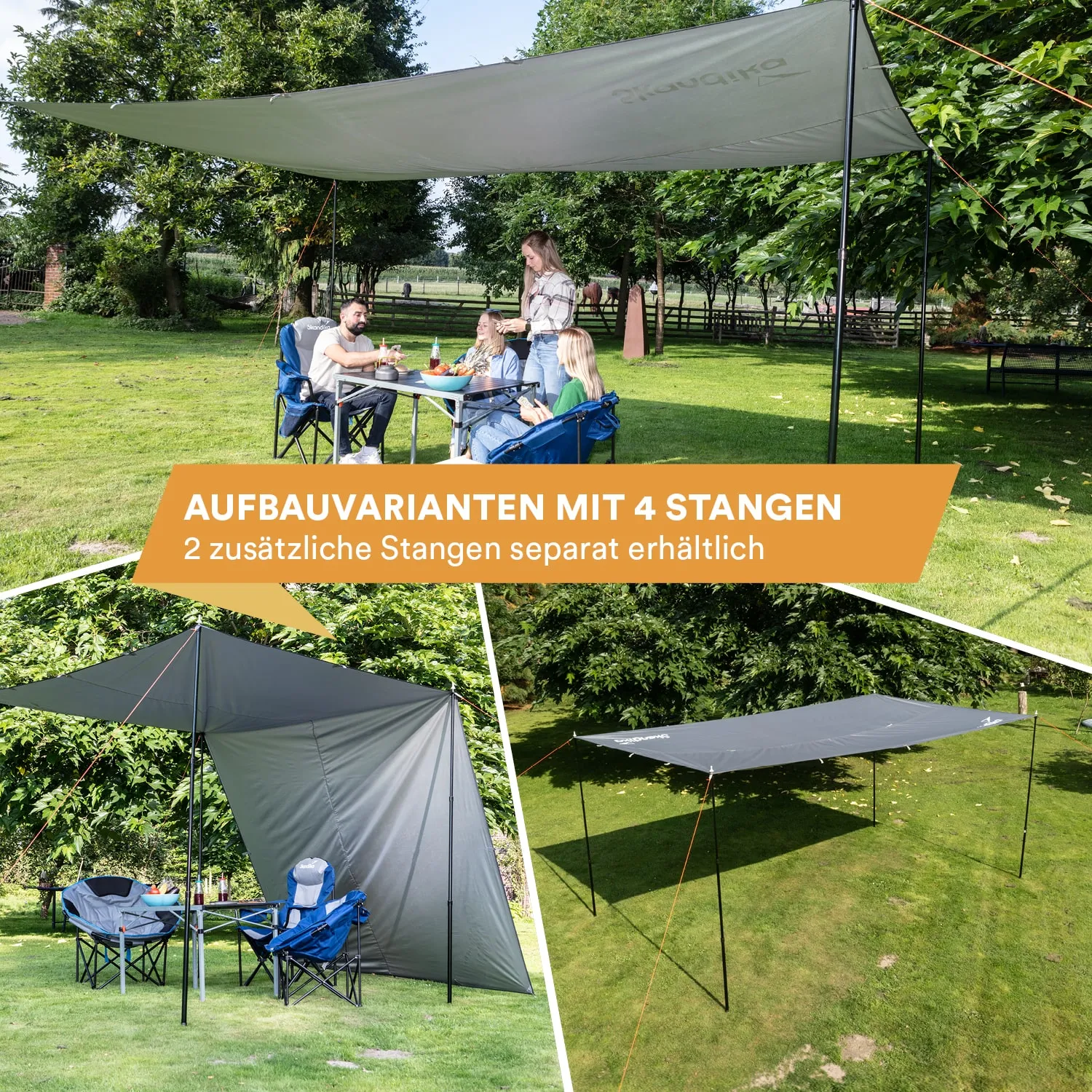 Ein grauses Sonnensegel ist auf einer Rasenfläche aufgespannt. Vier Personen sitzen an einem Tisch unter dem Segel. Zelte und Stühle sind sichtbar.