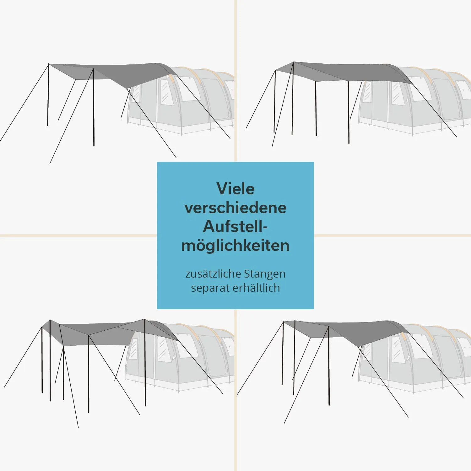 Zelt mit abgedunkeltem Vordach, das auf verschiedenen Wegen aufgestellt werden kann. Zusätzliche Stangen verfügbar.