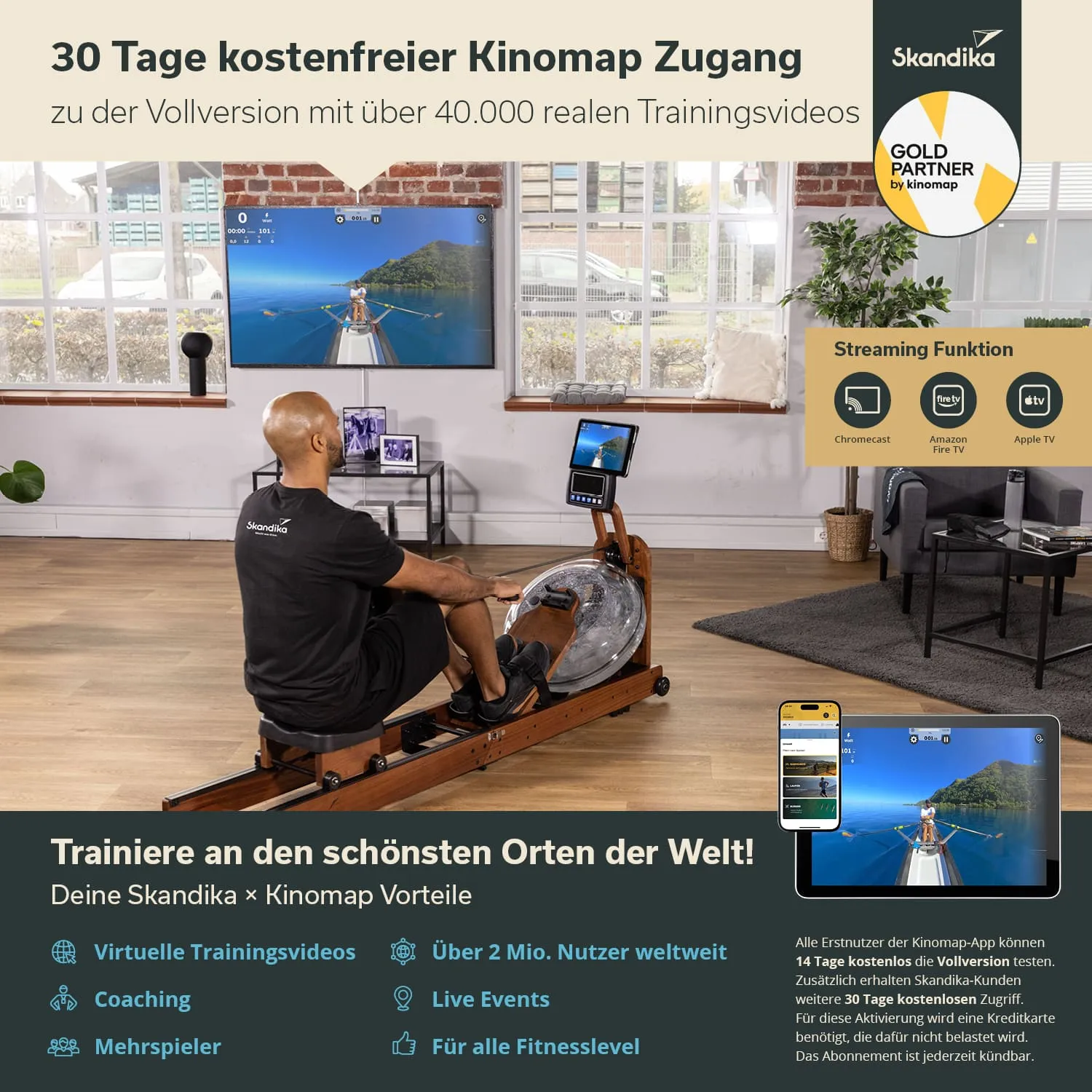 Person sitzt auf einem Rudergerät in einem hellen Raum. Auf einem Bildschirm sind Landschaften zu sehen. Es gibt ein Tablet neben dem Gerät.