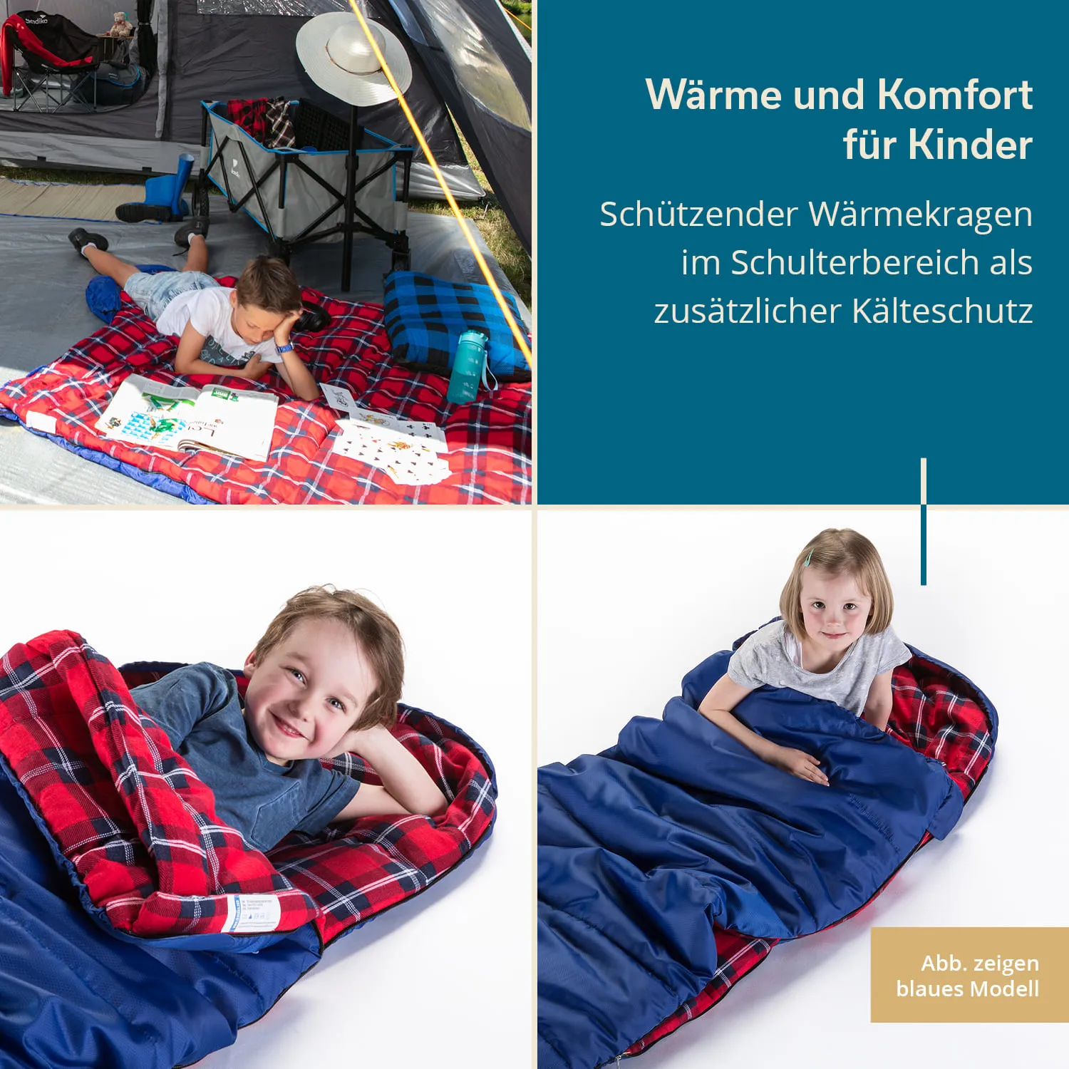 Zeltbereich mit Kindern, die auf einer Decke liegen. Eine darauffolgende Ansicht zeigt Schlafsäcke in rot-blau.