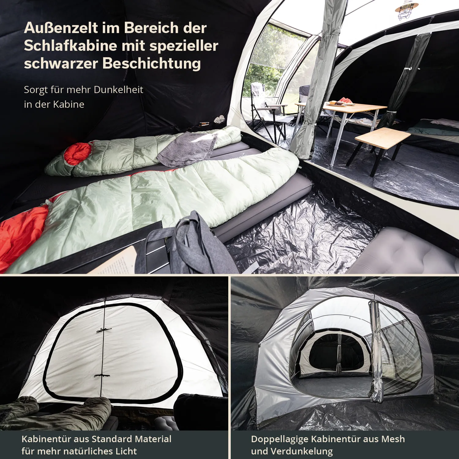 Zeltinneneinrichtung mit Schlafsäcken, Tischen und Stühlen. Außenansicht der Tür mit verschiedenen Materialien.