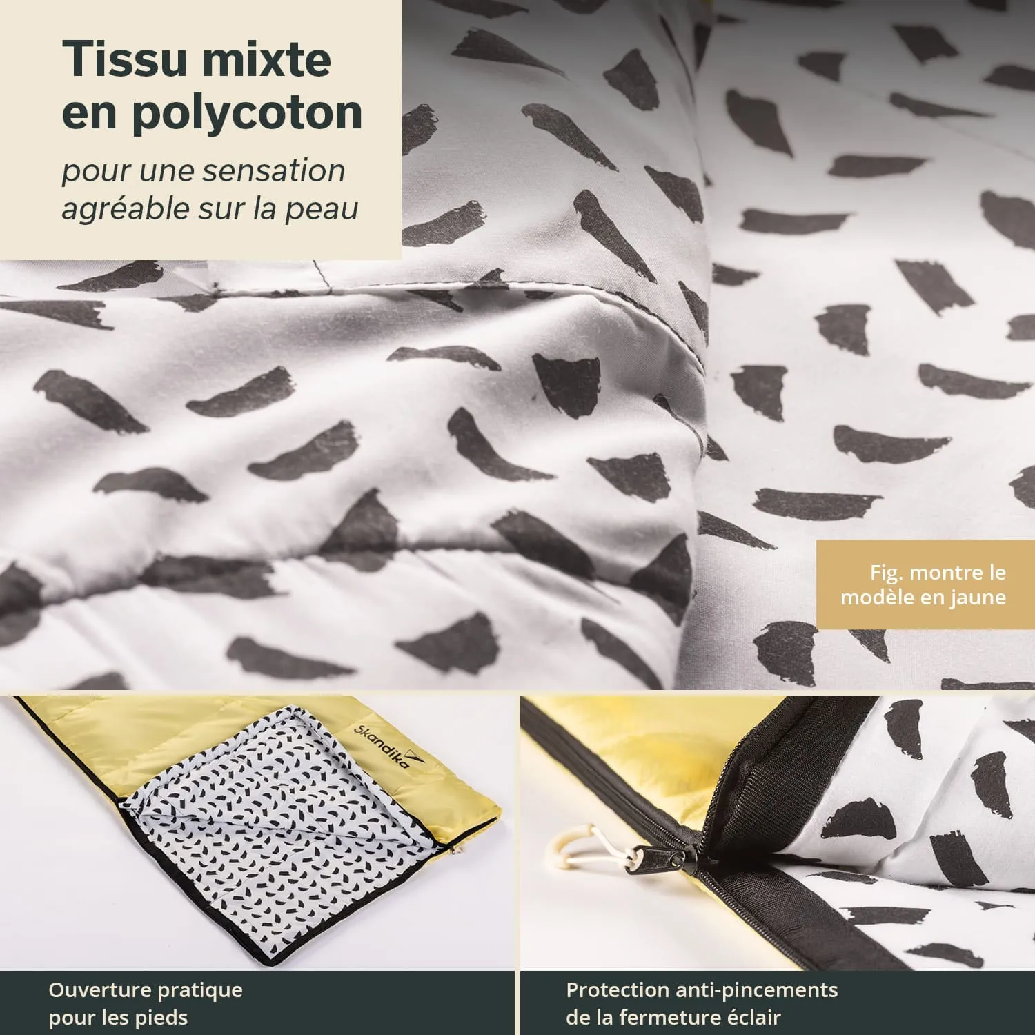 Polyester-Baumwollstoff mit schwarzem Muster auf hellem Hintergrund, Detailansichten eines Schlafsacks mit gelbem Reißverschluss.