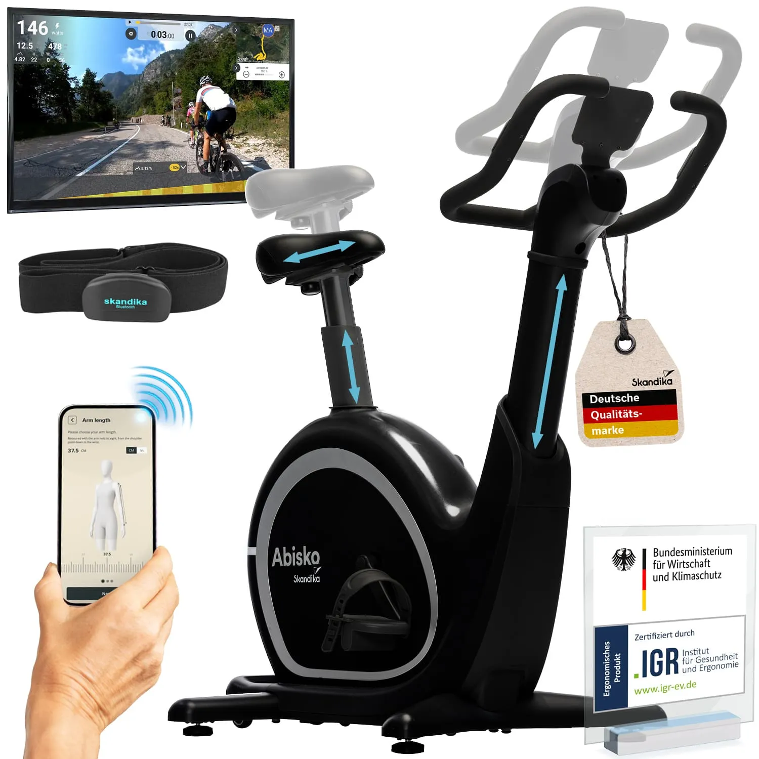 Ein Heimtrainer in Schwarz mit verstellbarem Sattel und Lenker, daneben ein Fernseher mit einer Radsport-Software. Ein Handy zeigt eine Trainingsanleitung.