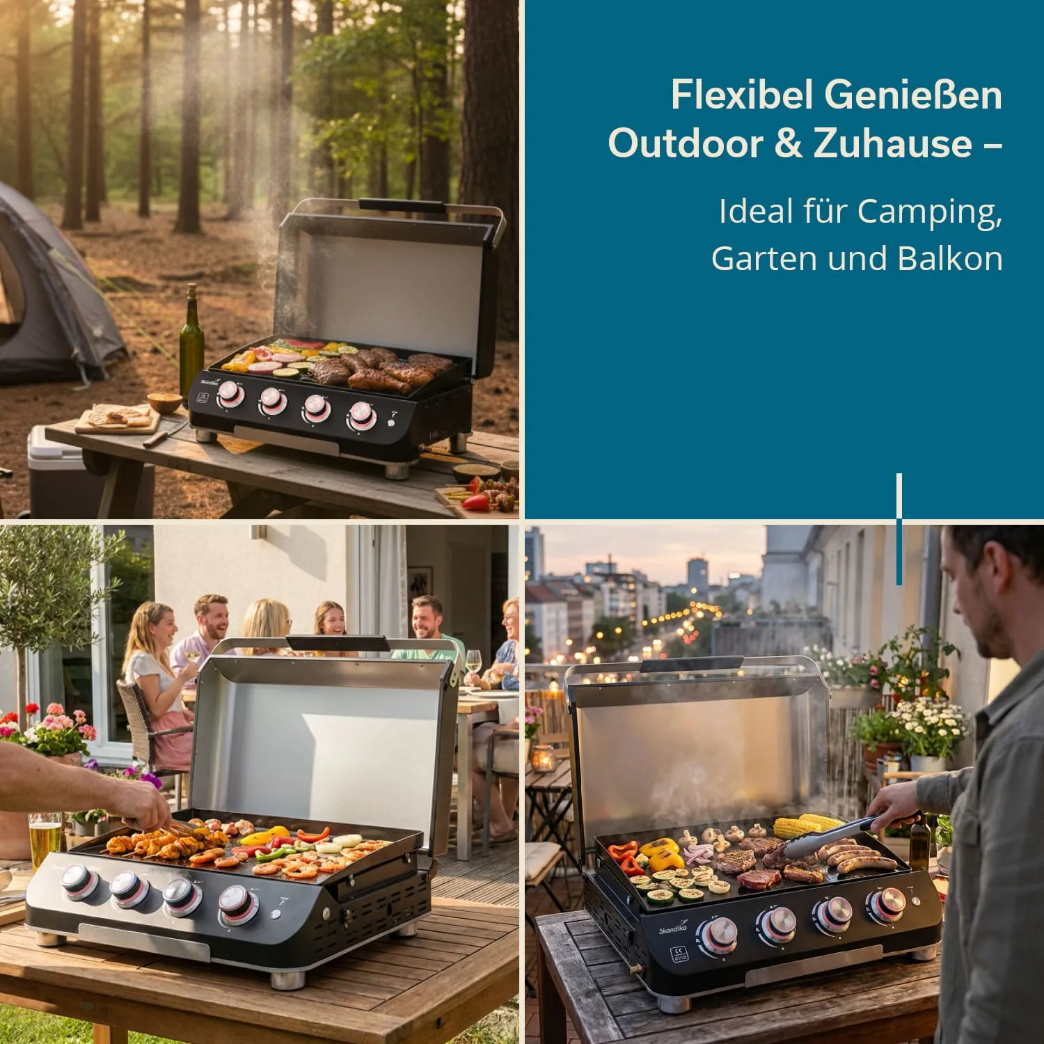Grill auf einem Tisch im Freien mit verschiedenen Lebensmitteln. Im Hintergrund stehen Menschen, Zelte und eine Stadtansicht.