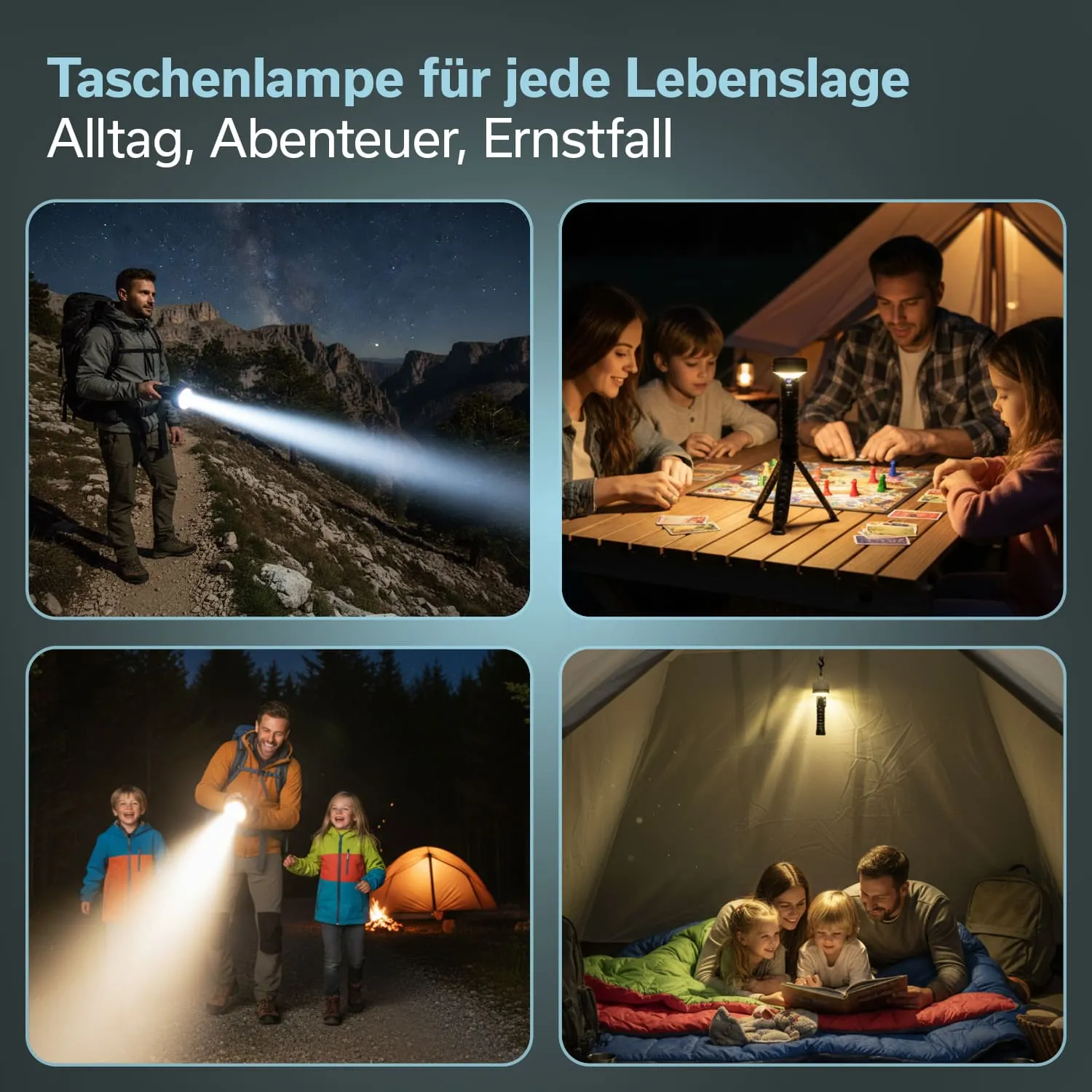 Vier Bilder zeigen verschiedene Einsatzmöglichkeiten einer Taschenlampe: 1. Ein Mann auf einem Wanderweg mit einer Taschenlampe in der Hand unter sternenklarem Himmel. 2.